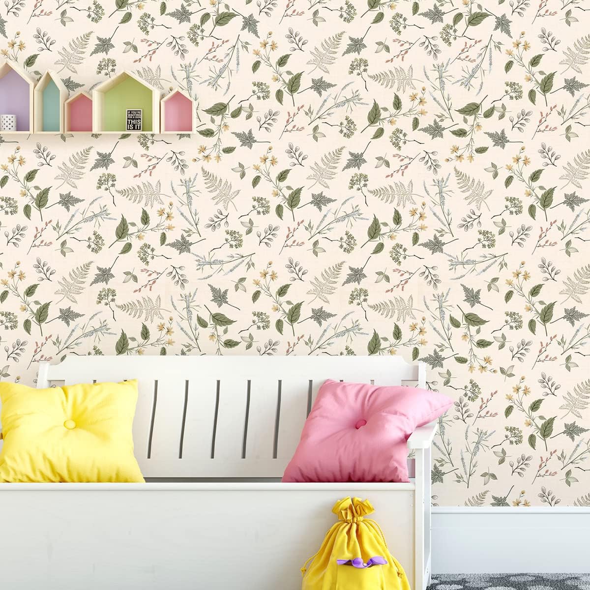 Green Plants Wallpaper Leaves Wall paper Tree Branches Wallpapers Printing Process Peel and Stick for Bedroom Nursery Living Room TV Sofa Background Classroom Office Home Wall Decoration (Yellow)
