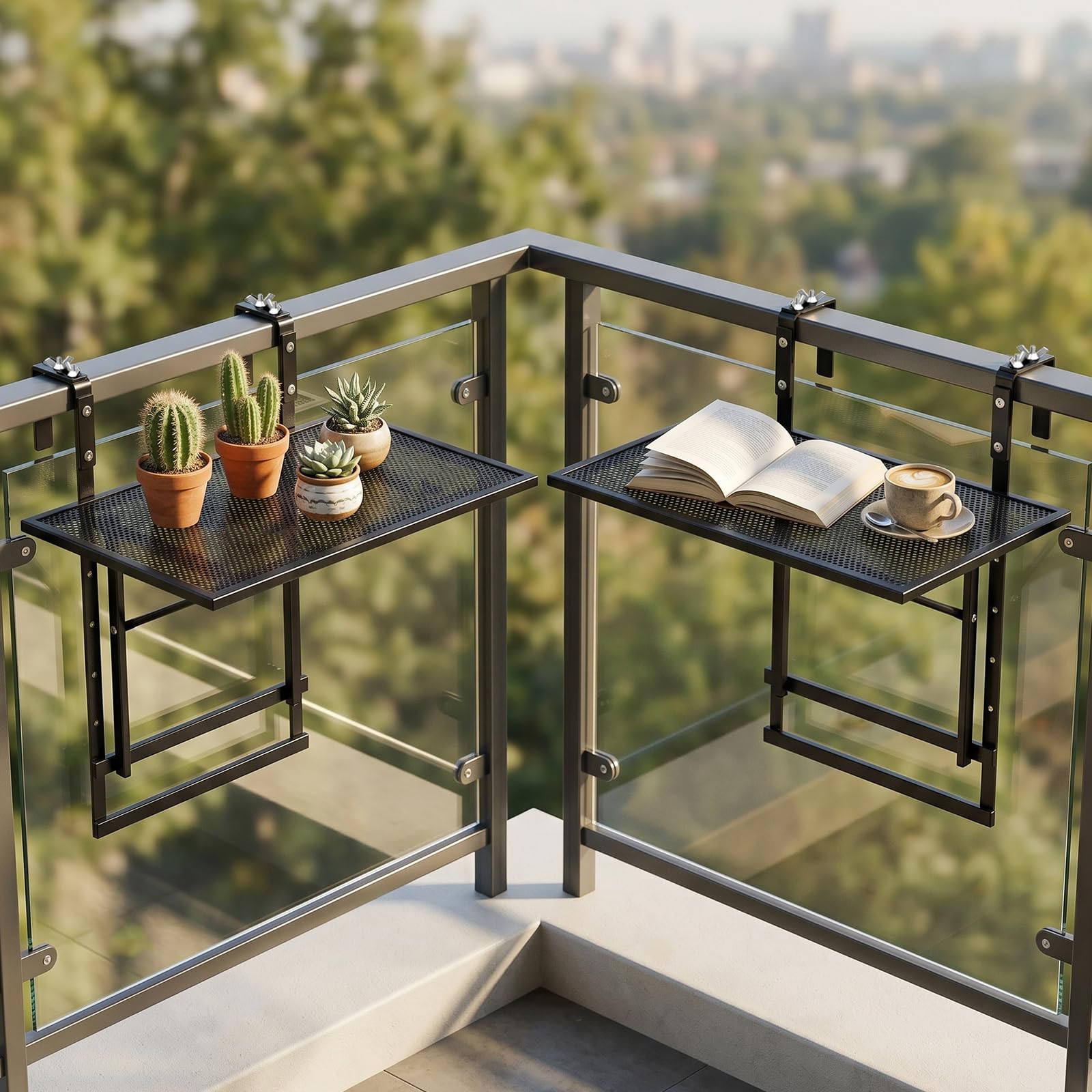 COSTWAY Set di 2 Tavolini Pieghevole da Balcone, 121 x 41 x 60-80 cm | Tavolino da Appendere per Ringhiera con Piano d'Appoggio Ampio, 5 Posizioni Altezza Regolabili, Tavolo Richiudibile