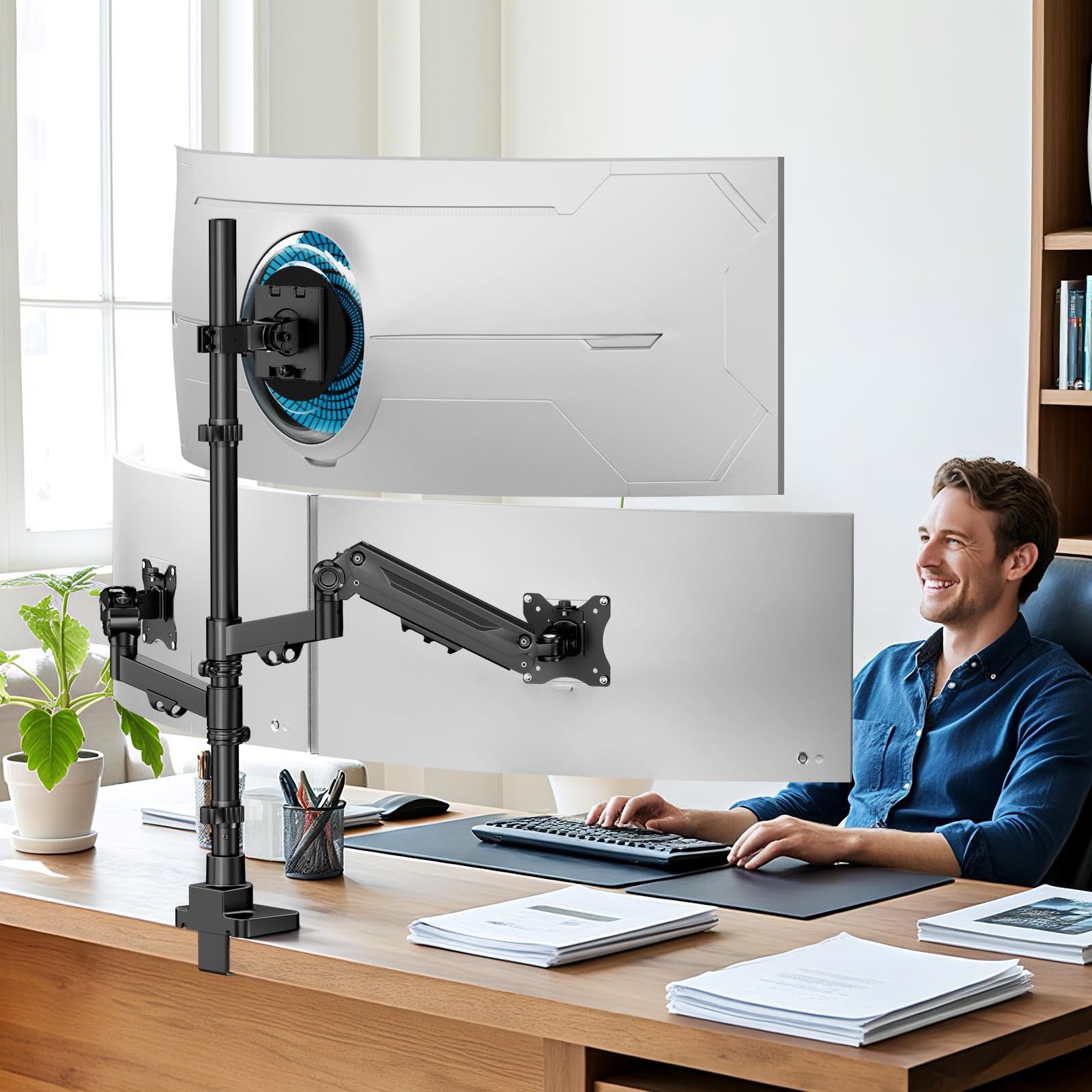 Monitor Halterung 3 Monitore Schreibtisch-1 Fester 49" und 2 Gasfeder 35",bildschirmhalterung 3 monitore Höhenverstellbar,80cm Stange Monitor Tischhalterung bis 20 kg
