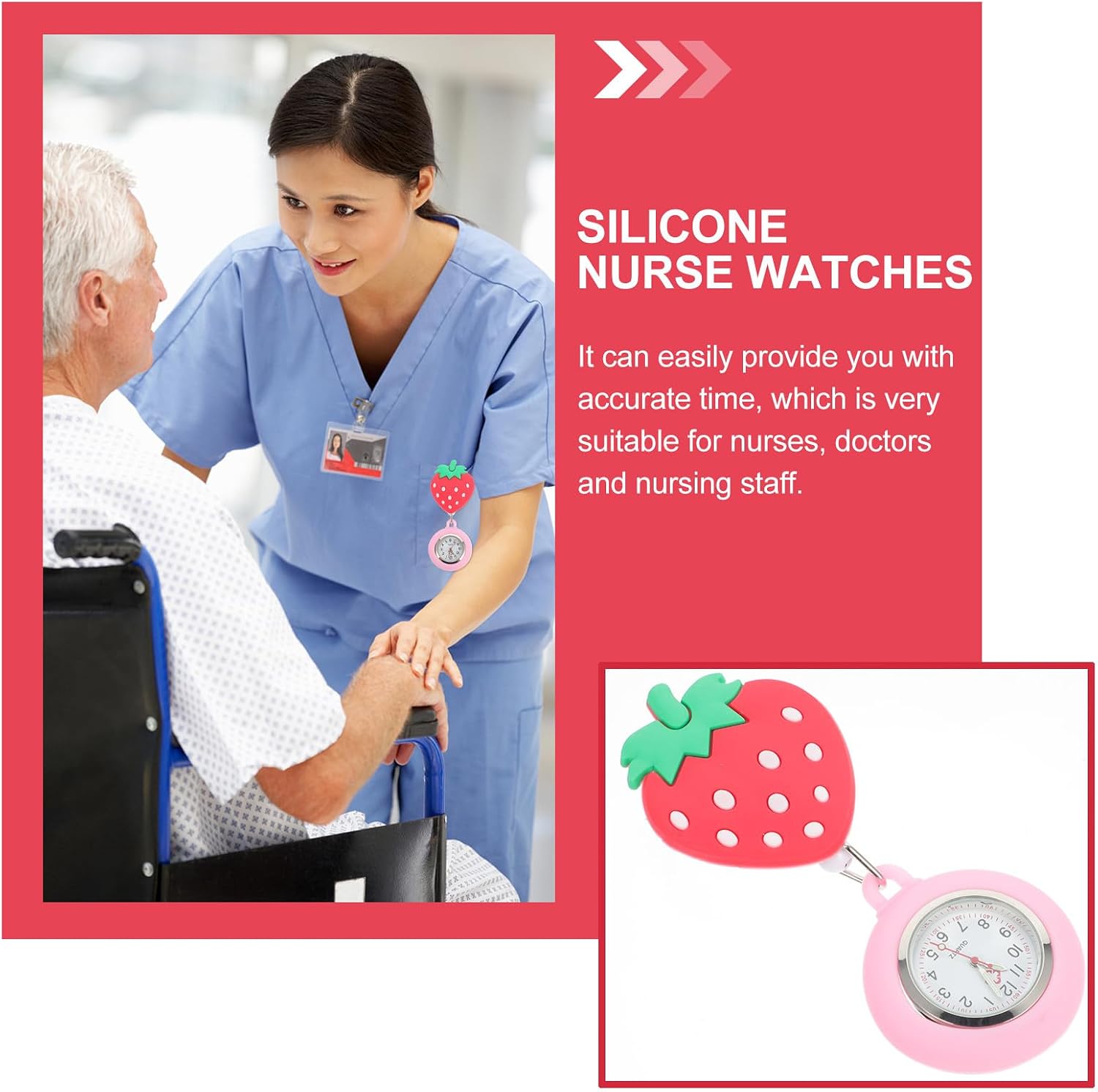 GLEAVI Cartoon Nurse Pocket Watch with Stretchable Pink Silicone Case Strawberry Hanging Fob Watch for Staff for Nurses and Doctors