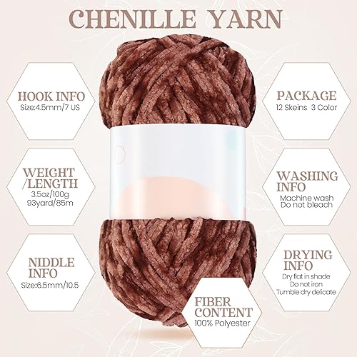 Miniatura 3 de Xinnun Hilo de felpa de 12 madejas, hilo de felpilla grueso, hilo de terciopelo suave para tejer, bricolaje y manualidades, longitud total de 1116