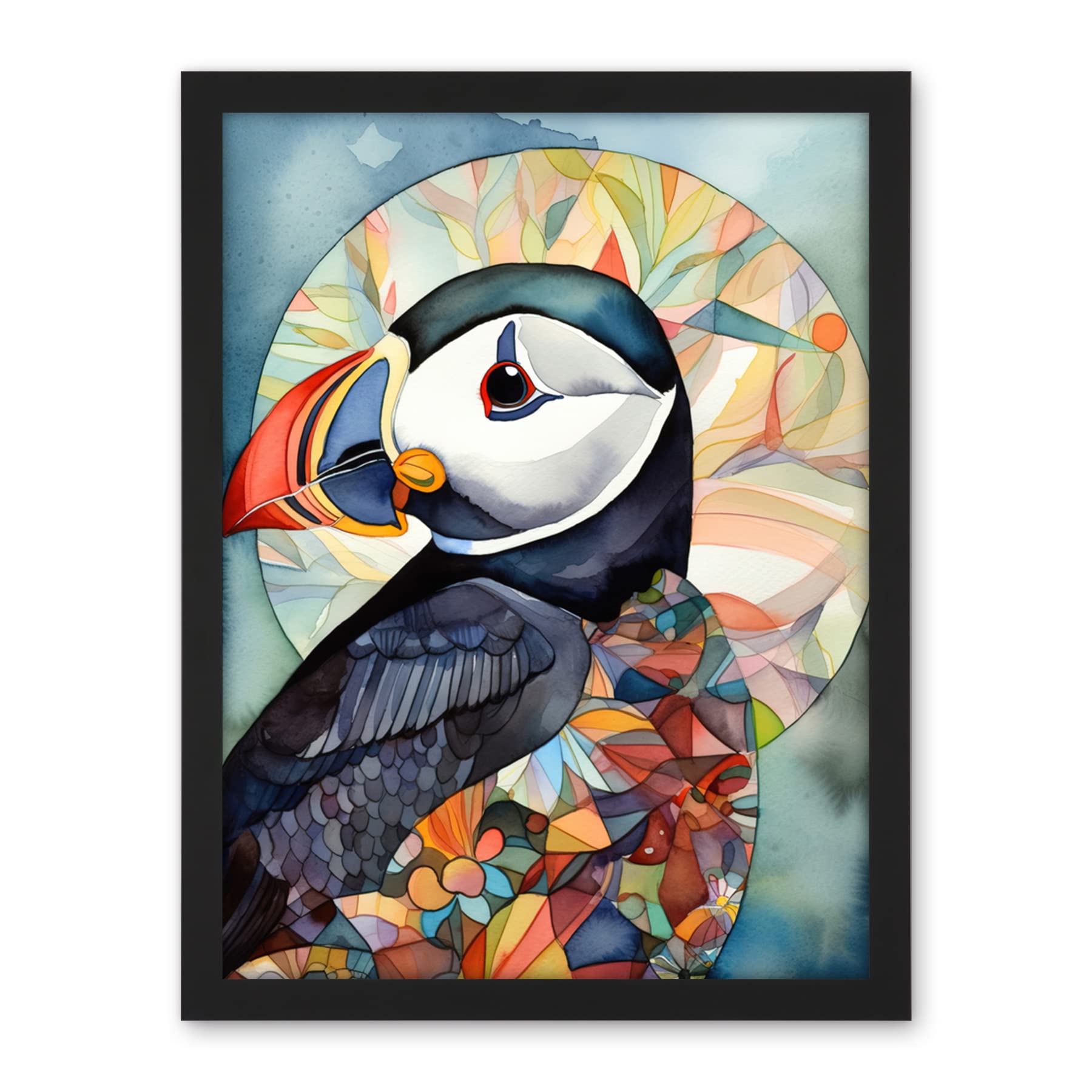 Artery8 Puffin Bird Portrait Folk Art Artwork Framed Wall Art Print 18X24 Inch