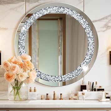 MAGFLERUM 28x28in Crystal Crushed Diamond Decor Mirror, Round Wall Mirror, Silver Mirror, Home Decoration Hanging Mirror