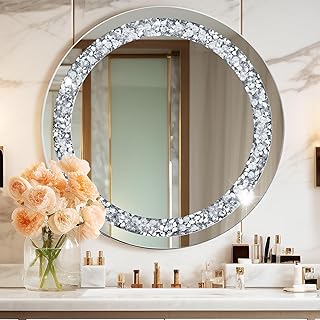 28 Inch Crushed Diamond Round Glass Wall Mirror, Bathroom Mirror, Wall Decoration Hanging Mirror, Suitable for Living Room, Bedroom, Vanity