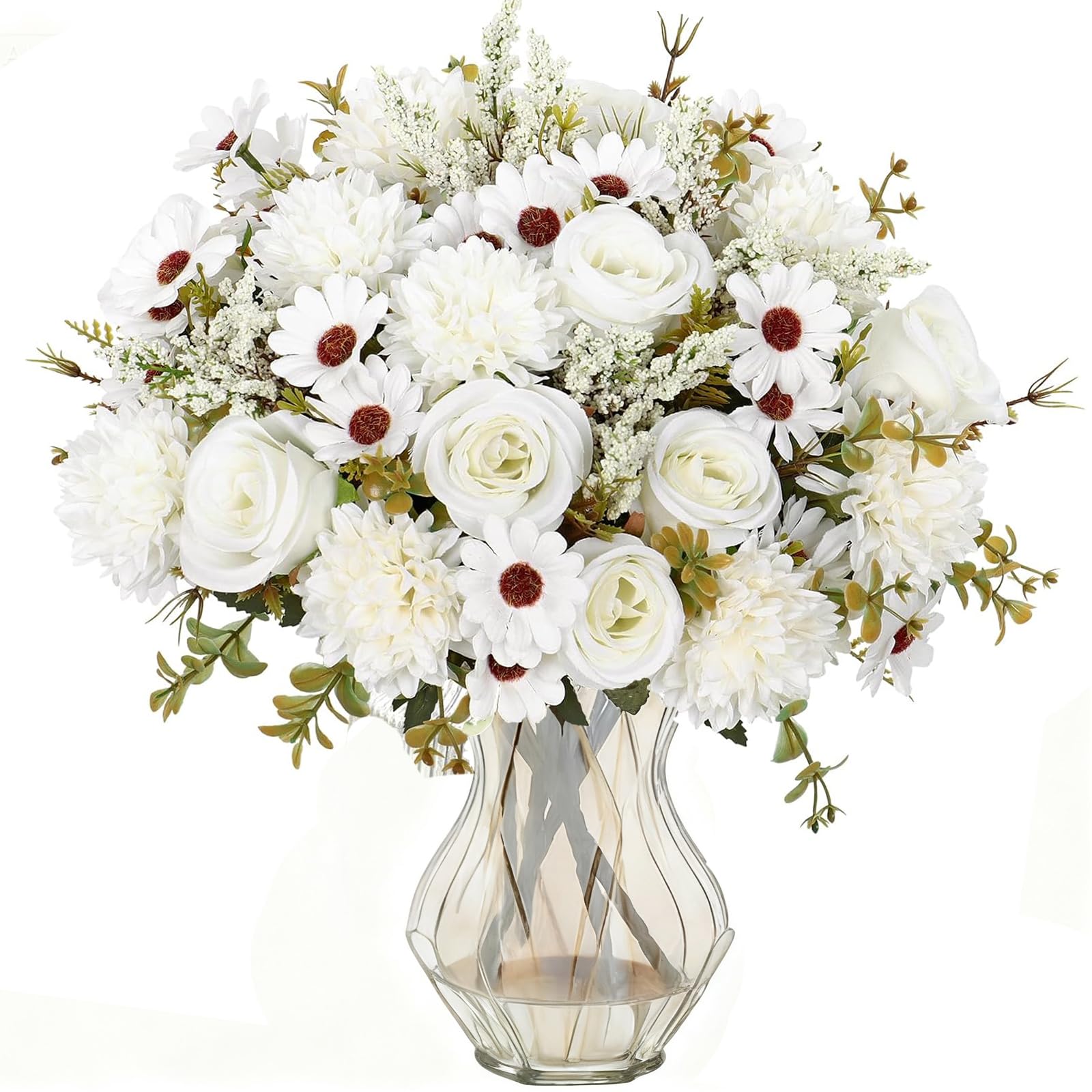 YELYAN 2 Bunches Artificial Roses Silk Flowers White Artificial Flowers Faux Hydrangea Roses Flower Bouquet for Home Wedding Party Decoration Arrangement(white)