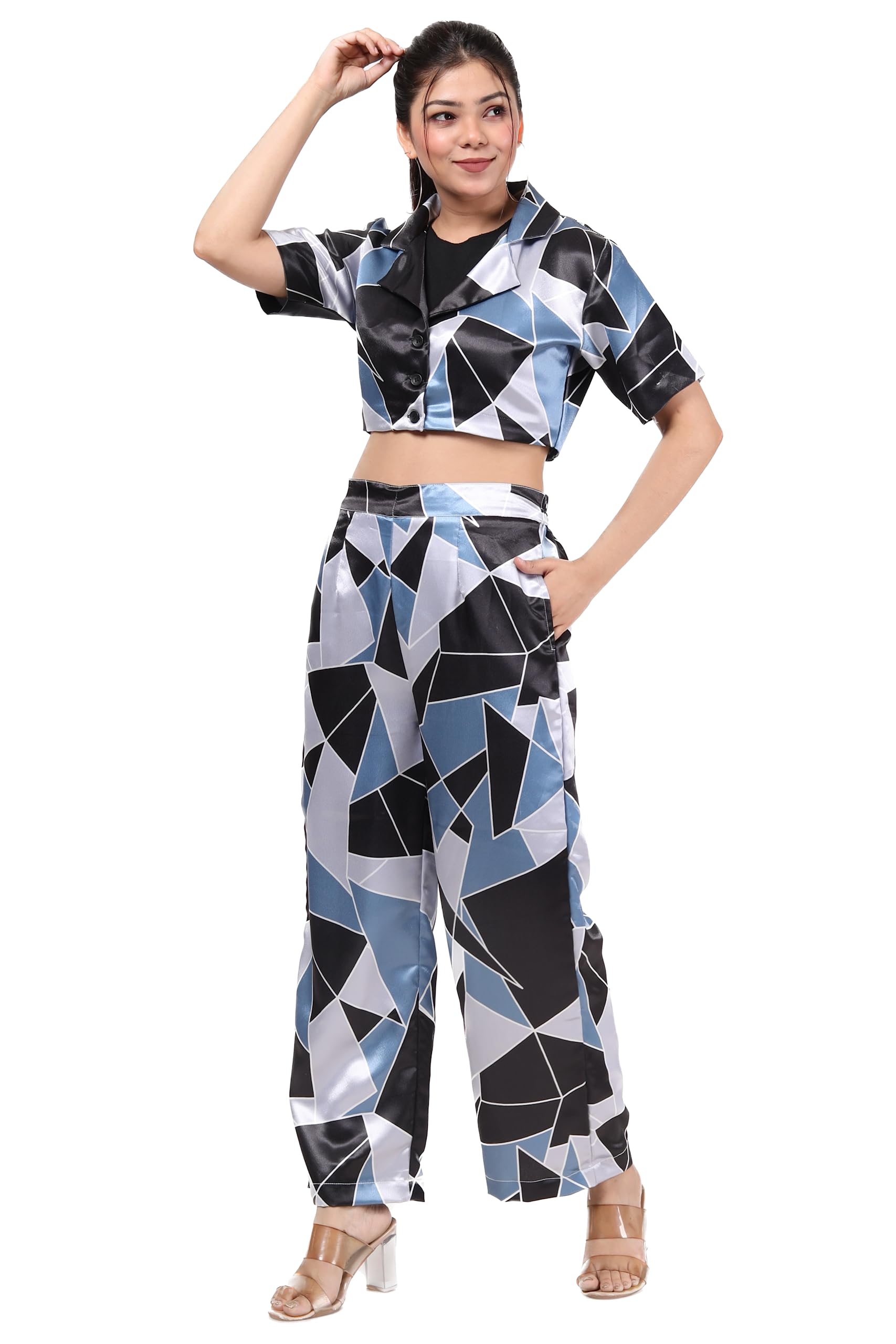 GLEN ROSESatin co-ord Set for Women, Printed Crop Top and Pant Set Girls
