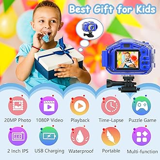 Agoigo - Waterproof Camera Toys for Kids Age 3-9, Christmas Birthday Gifts, HD Digital Action Camera for Kids, 2 Inch Screen with 32GB Card (Dark Blue)