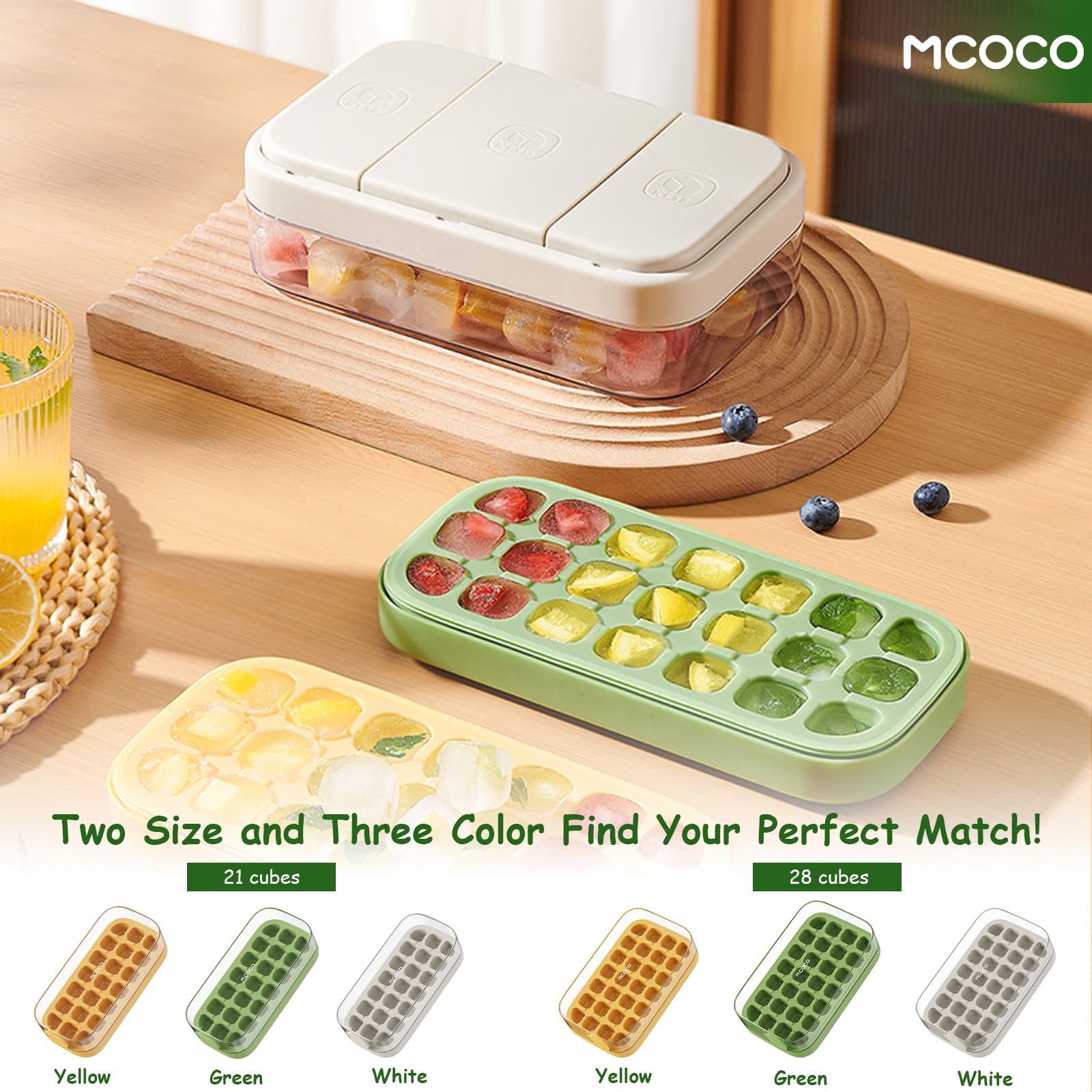 MCOCO Adjustable Ice Cube Tray with Lid and Bin Ice Trays for Freezer Easy Fill and Release with Ice Container 21 cubes White