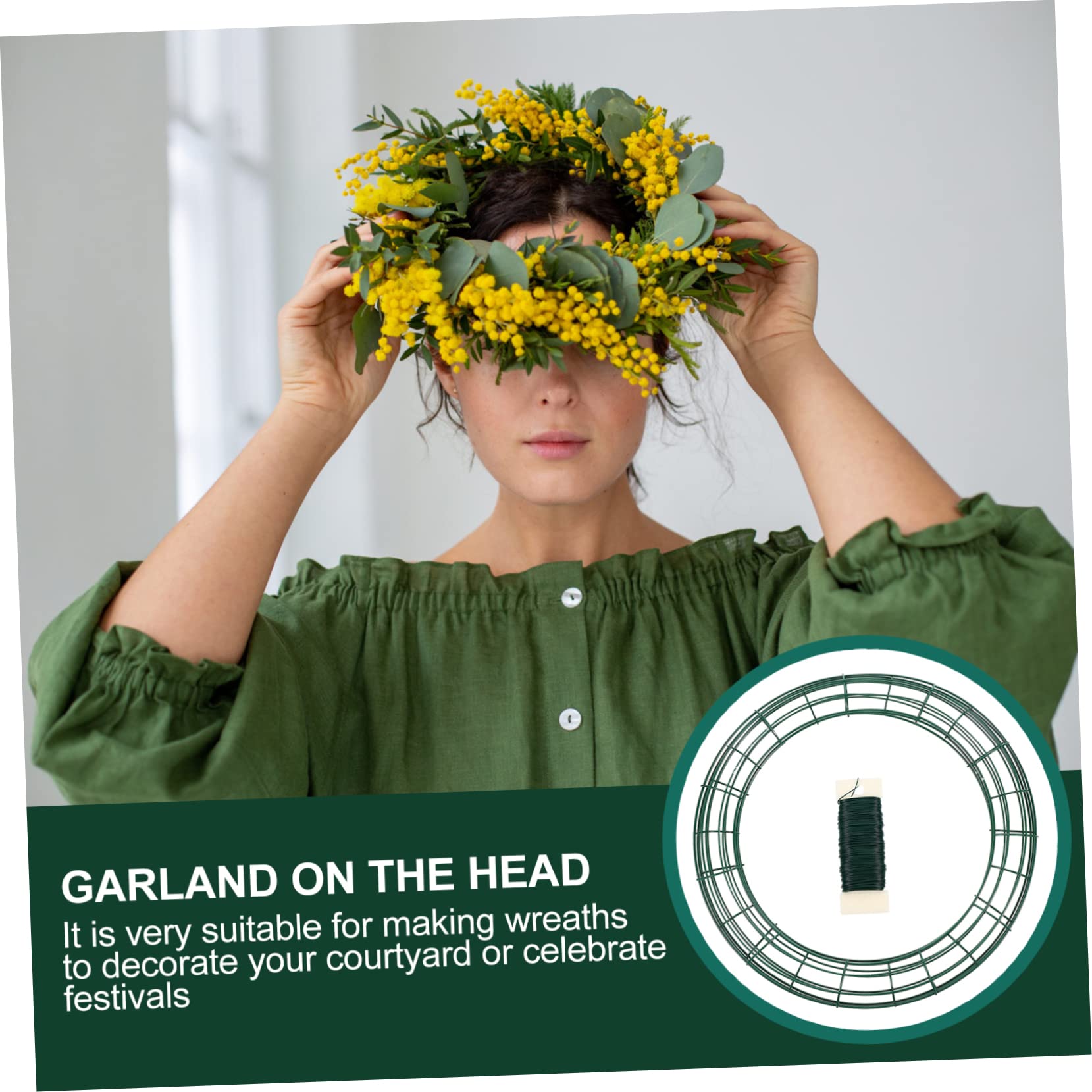 Gatuida 3 Stück Grüner Metallkranzringe aus Eisen Rund Stabil und Formbeständig mit 1 Rolle Draht für Bastelarbeiten Weihnachtsdeko und Garten