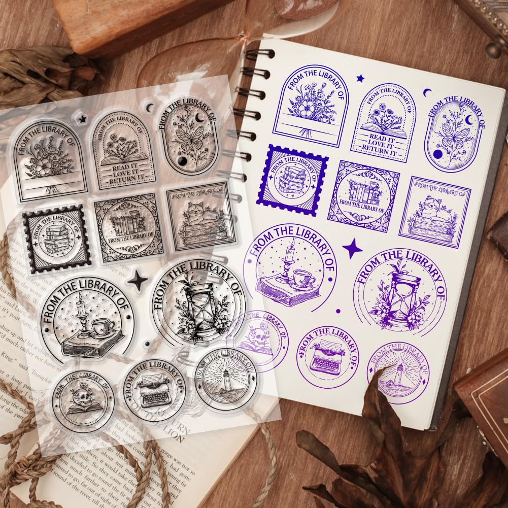 PH PandaHall from The Library of Clear Stamp - Sello de silicona personalizado para libros, estantería, sello transparente de lectura para tarjetas de biblioteca, álbumes de recortes, decoración de