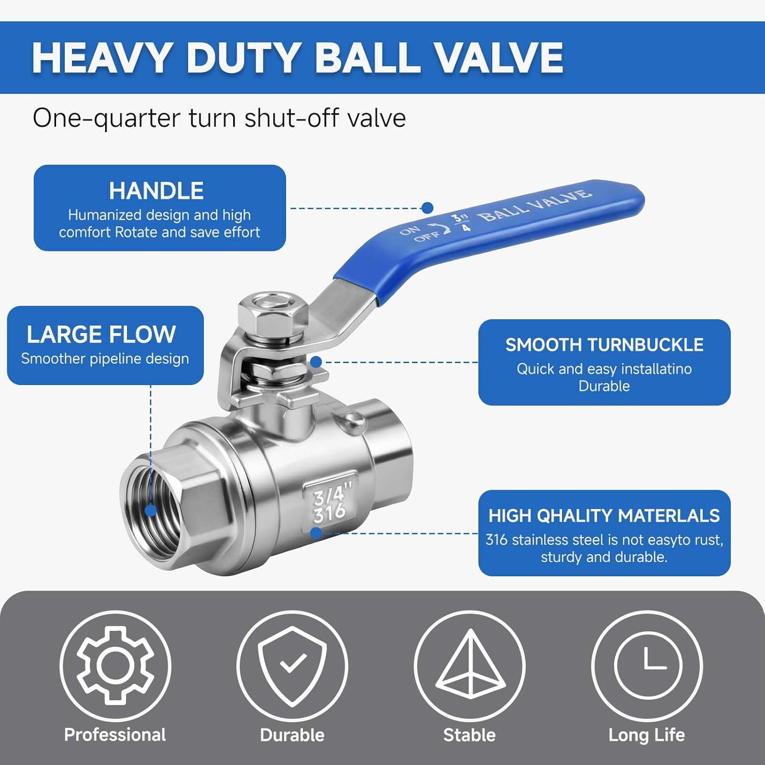 3/4" Full Port Ball Valve 316 Stainless Steel, NPT Female, 1000 WOG, with Heavy-Duty Blue & Red Vinyl Handles,4-Pack