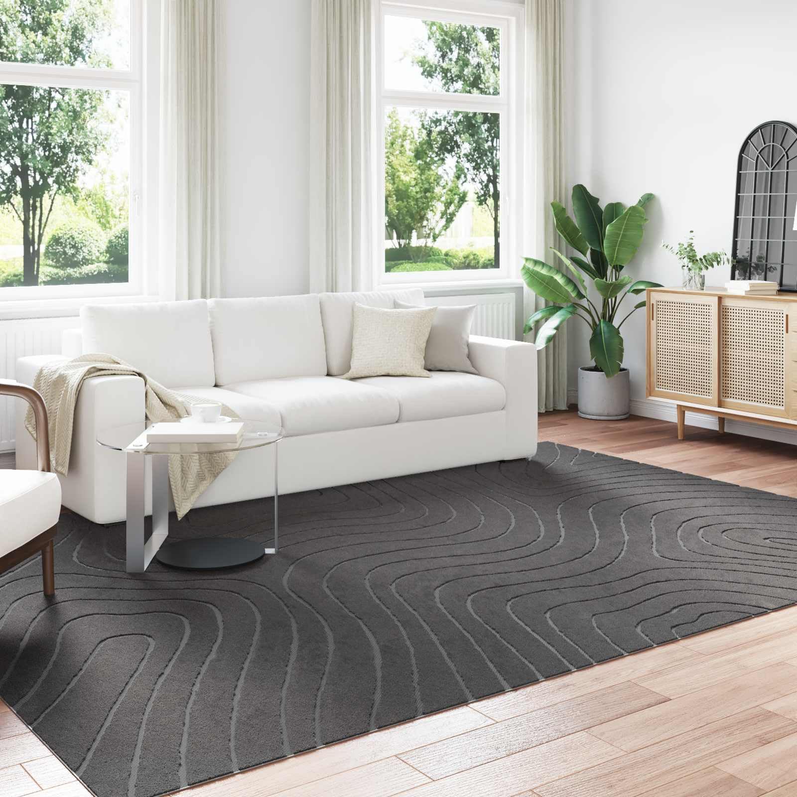 Dywan strefowy Palmeras, antracyt, 340 x 240 cm, poliester, antypoślizgowy, nadaje się do prania, łatwy w pielęgnacji, do salonu, korytarza, balkonu, wewnątrz i na zewnątrz, miękki, puszysty