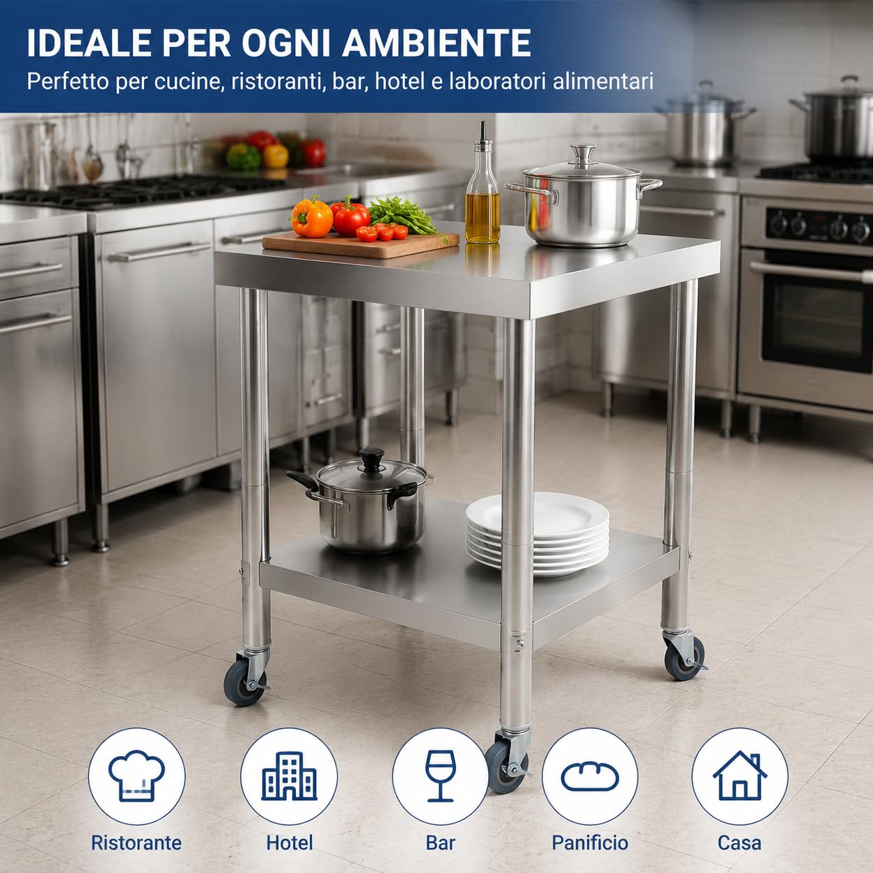 SHZICMY Mesa de trabajo de acero inoxidable con ruedas, 60 x 60 x 85 cm, para cocina, cocina, cocina, cocina, cocina, cocina, cocina, bar, carga de 300 kg