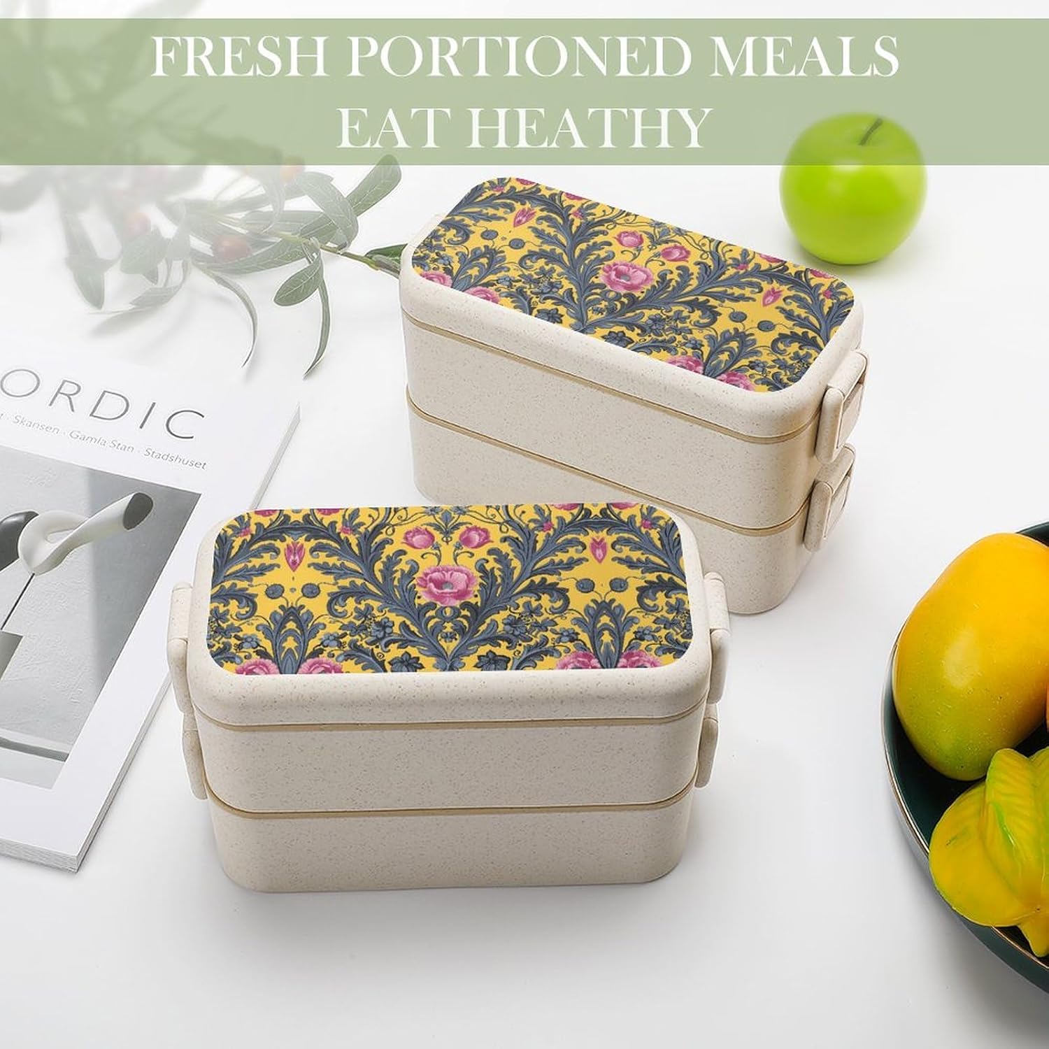 Lunch Box Bento Premium Yellow And Gray Pattern Printed Bento Box Bento with Spoon And Fork with Compartment Containers Suitable for Men And Women, style