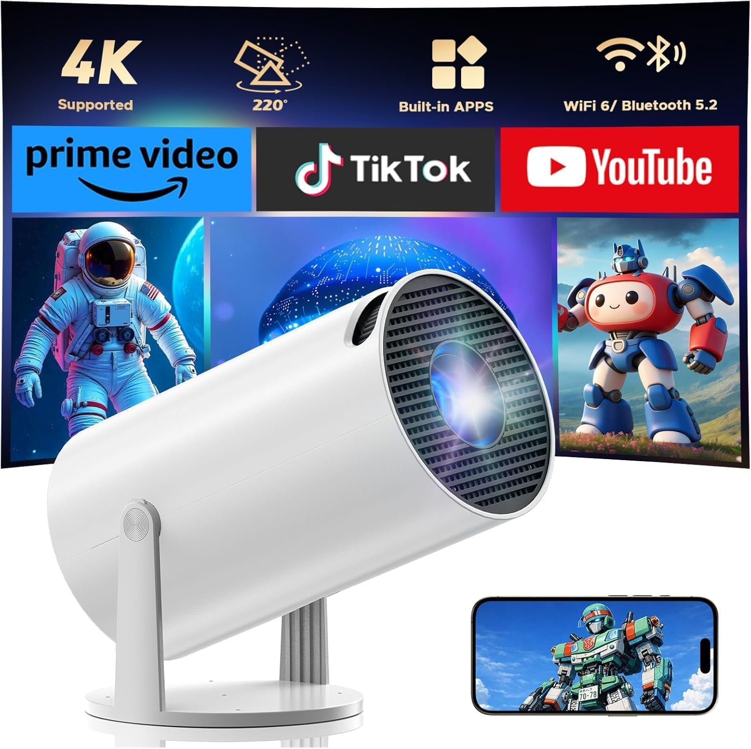 Beamer Unterstützt 4K, Projektor Heimkino mit WLAN und Bluetooth, 270° Drehung, Automatische Vertikale Trapezkorrektur, Kompatibel mit iPhone/TV Stick/HDMI/USB