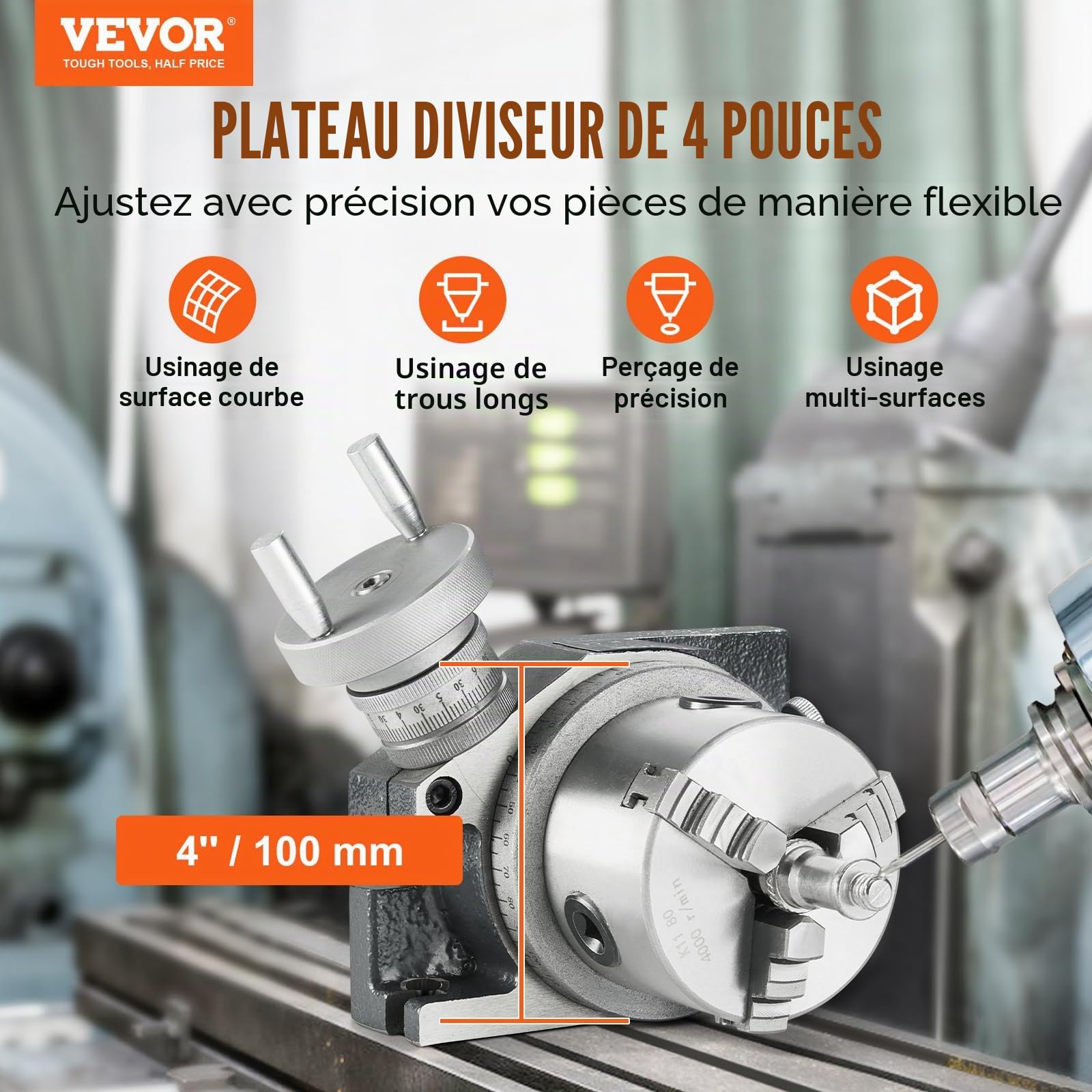 VEVOR Table rotative pour fraiseuse 100 mm, modèle horizontal vertical, table rotative de précision, avec mandrin à 3 mâchoires de 80 mm, écrous en T M10, pour outils d'indexation d'ingénierie