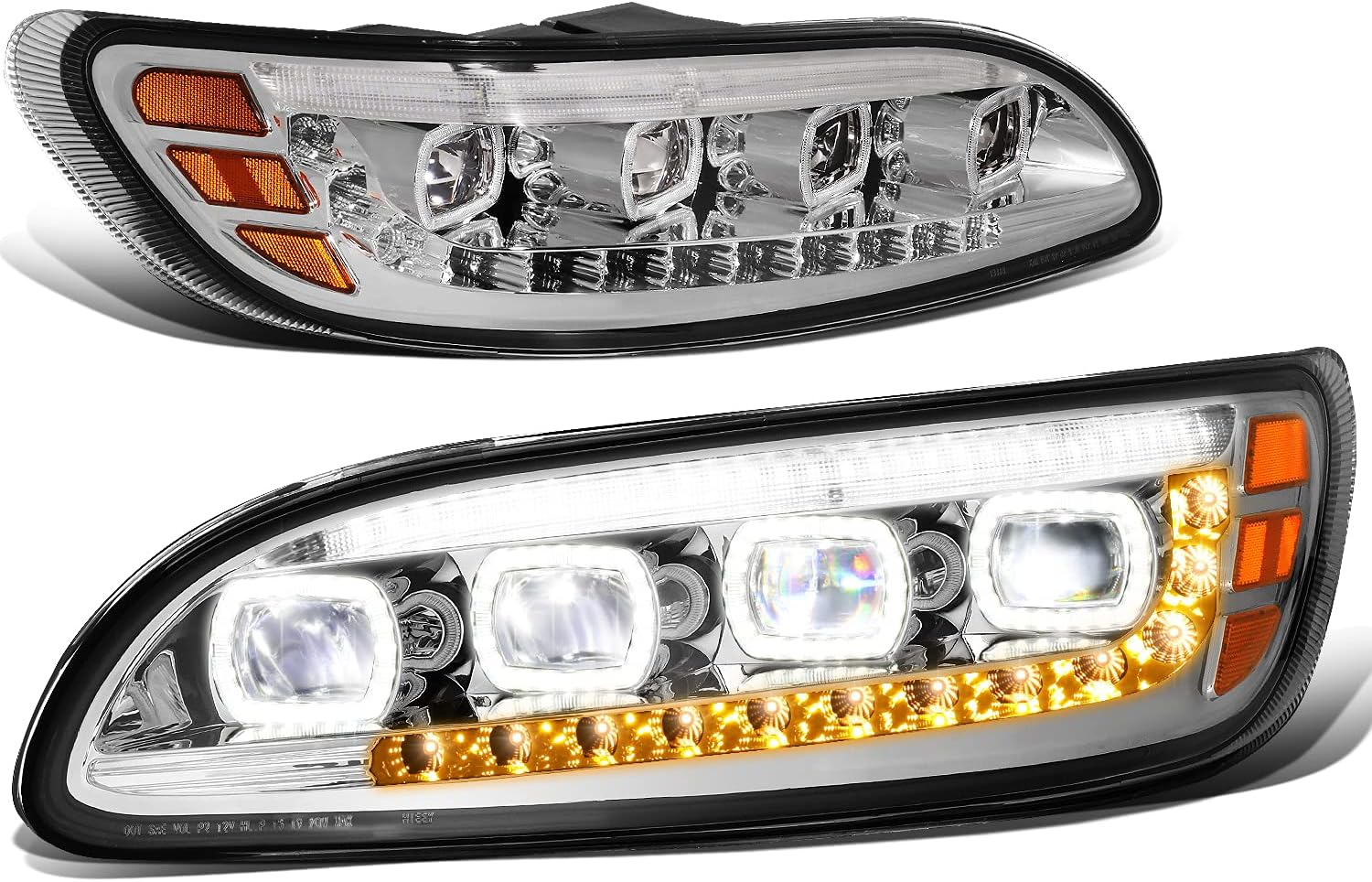 DNA MOTORING HL-HAY-011-CH Pair of LED Dual Projector Sequential Chase Turn Signal Chrome Headlights w/Quad Halo DRL Compatible with 99-20 Peterbilt 325-387