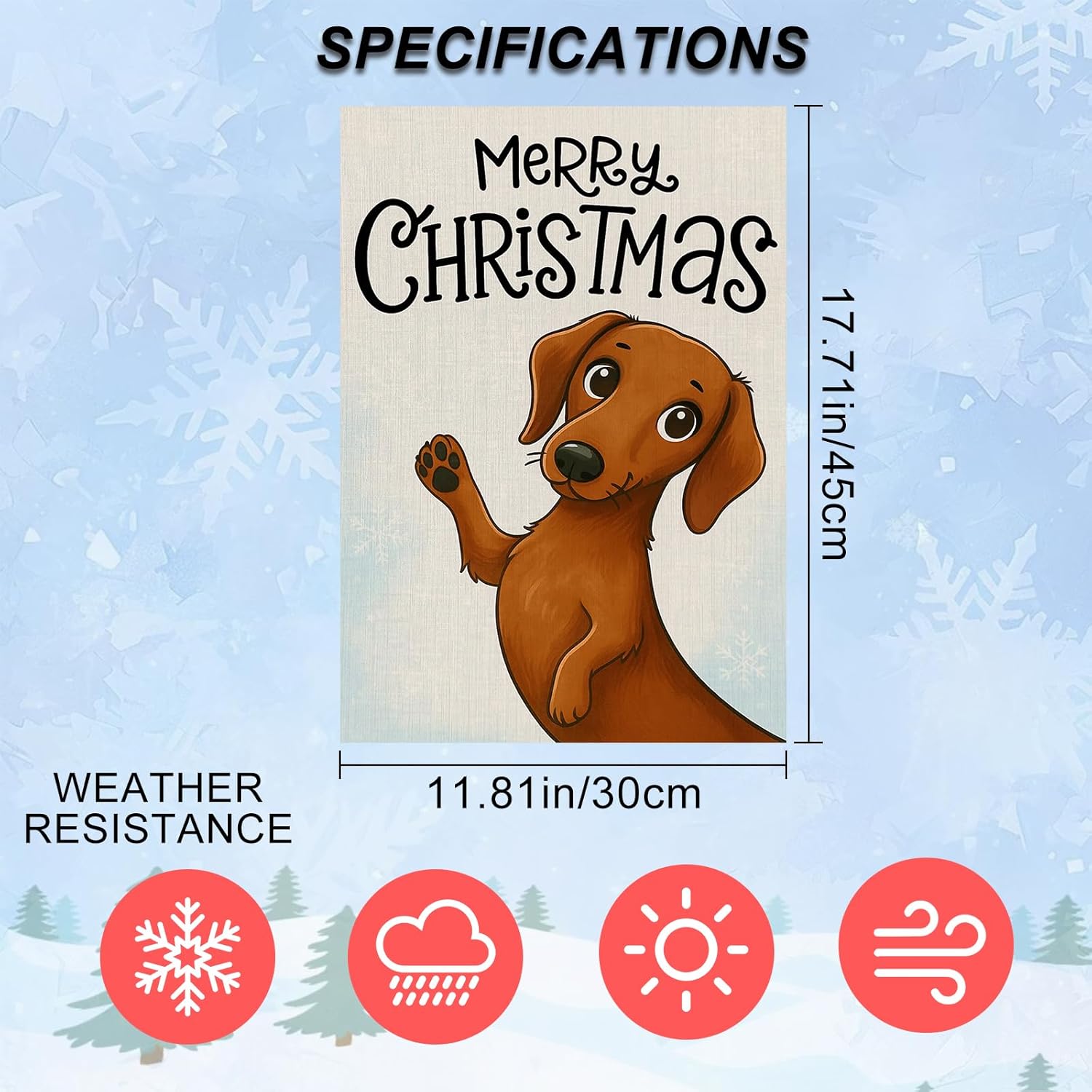 Condition photo showing New/Like New for IVN Christmas Garden Flag 12x18 Inch Double Sided Dachshund Dog with Merry Christmas Text and Snowflake Background Outdoor Yard Flag for Outside Home Front Door Lawn Porch Patio Welcome Decor Brown Dachshund Christmas