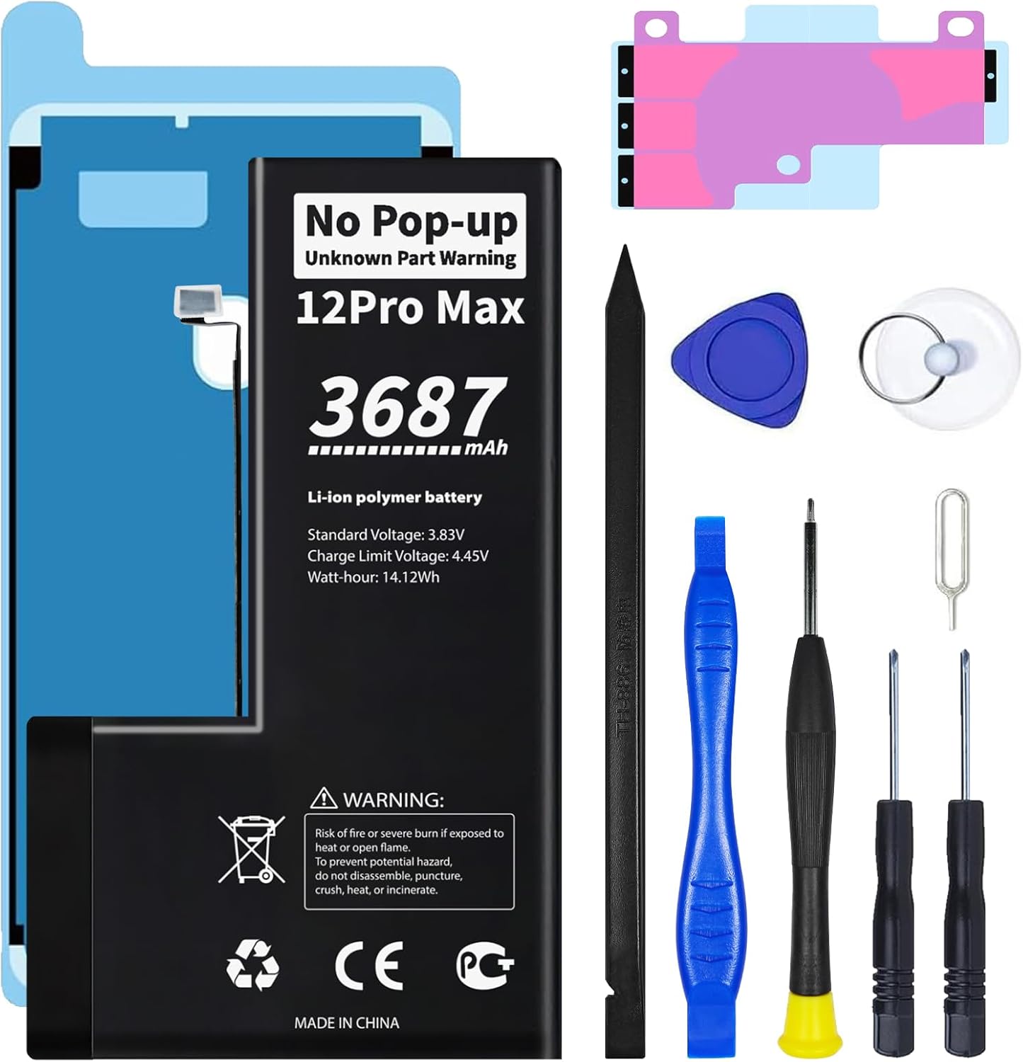 No Pop-up Unknown Part Warning for iPhone 12 Pro Max Diagnostic Battery,Truthfully Rated 3687mAh Capacity Li-Polymer Rechargeable Battery Replacement for iPhone 12 Pro Max with Full Tool Kit