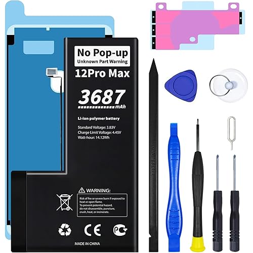 No Pop-up Unknown Part Warning for iPhone 12 Pro Max Diagnostic Battery,Truthfully Rated 3687mAh Capacity Li-Polymer Rechargeable Battery Replacement for iPhone 12 Pro Max with Full Tool Kit