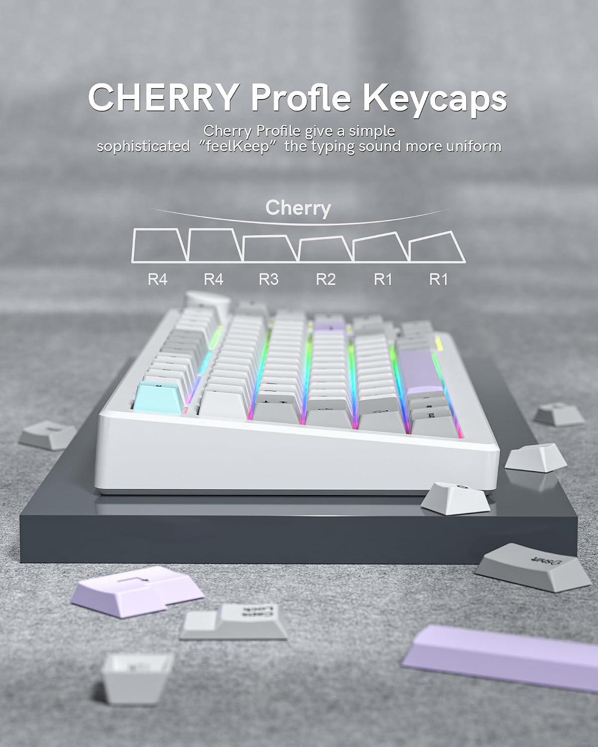 Womier PBT Keycaps Set 143 Keys, Cherry Profile Custom Keycaps 60 65 75 100 Percent for 61/64/68/84/87/100/104/108 Dye Sub Retro Gaming Mechanical Keyboard, Gray Purple image 4