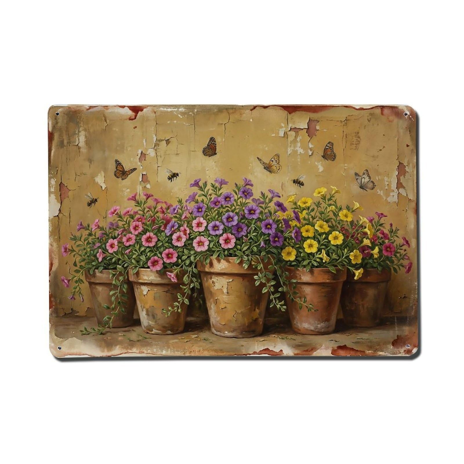 Vintage Rustic Flower Potted Plants Calibrachoa Metal Tin Sign