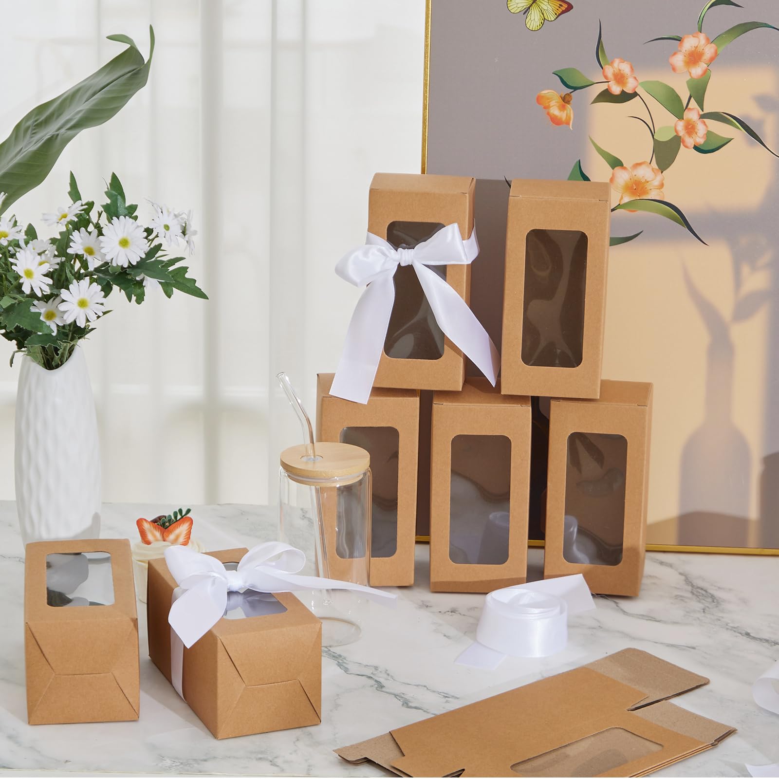 Fulmoon 12 Sets Sublimationsglas-Boxen, Dankeschön-Glasflaschen-Boxen mit Schleife, Geschenkverpackung, Gaine für Muttertag, Hochzeit, Party, Versand, Rohlinge, Sublimation, Geschenkverpackung, Braun