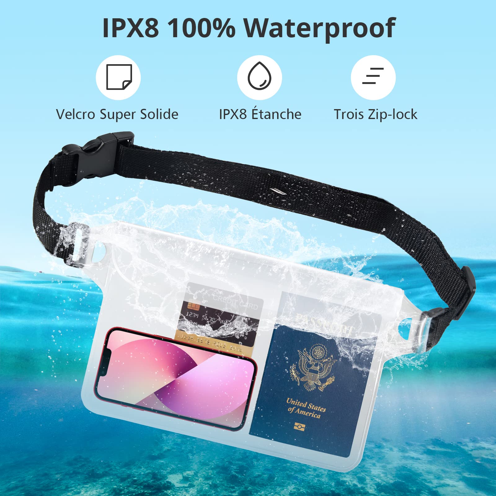 Pochette étanche 3 Pièces - 123 - Pour Téléphone Portable - Sangle Réglable - Protection 100