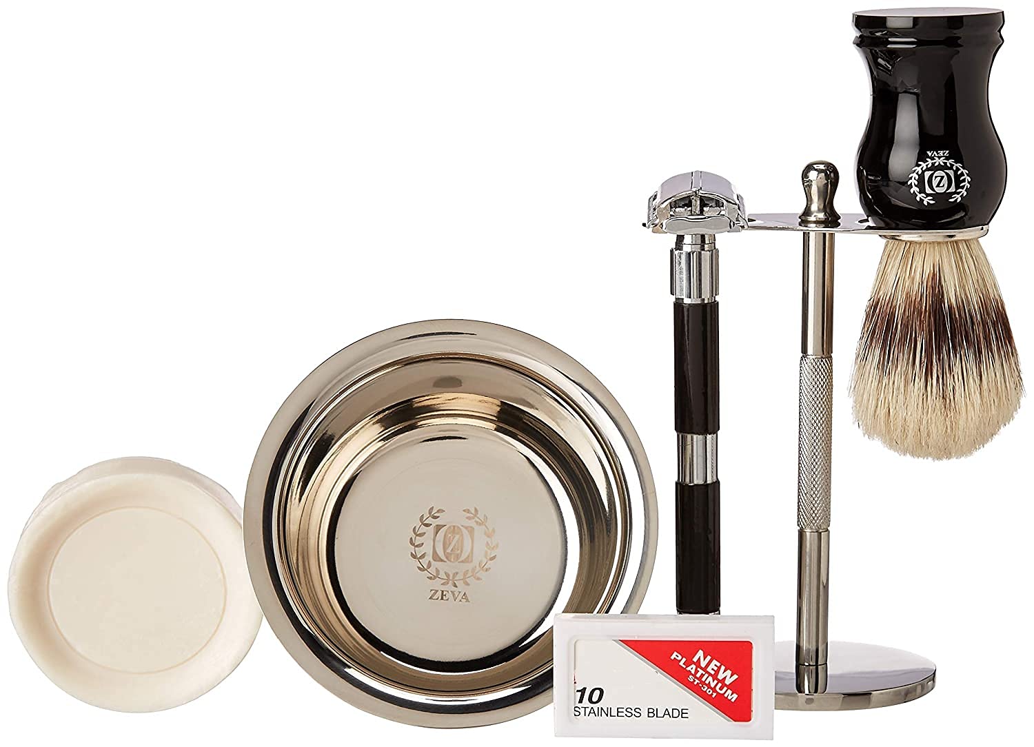 Men Wet Shave Kit 6 pcs Butterfly Opening Long Handle DE Safety Razor, Pure Badger Hair Brush, Shave Stand, Dopp Kit, Shave Soap, Stainless Steel Bowl and 10 Razor Blades Shaving Gift Set for Him