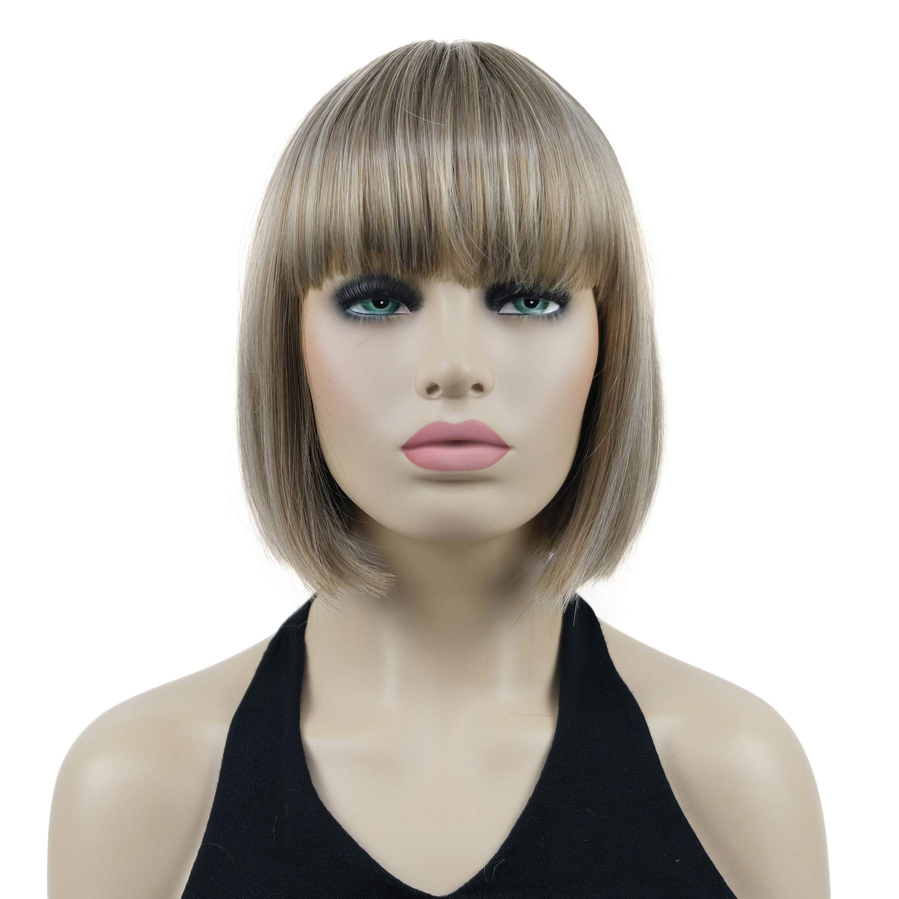 Lydell 8" Straight Short Bob Hair Flat Bangs Cute Central Dot Skin Top Heat Resistant Synthetic Wigs (H16/613 Blonde Highlighted)