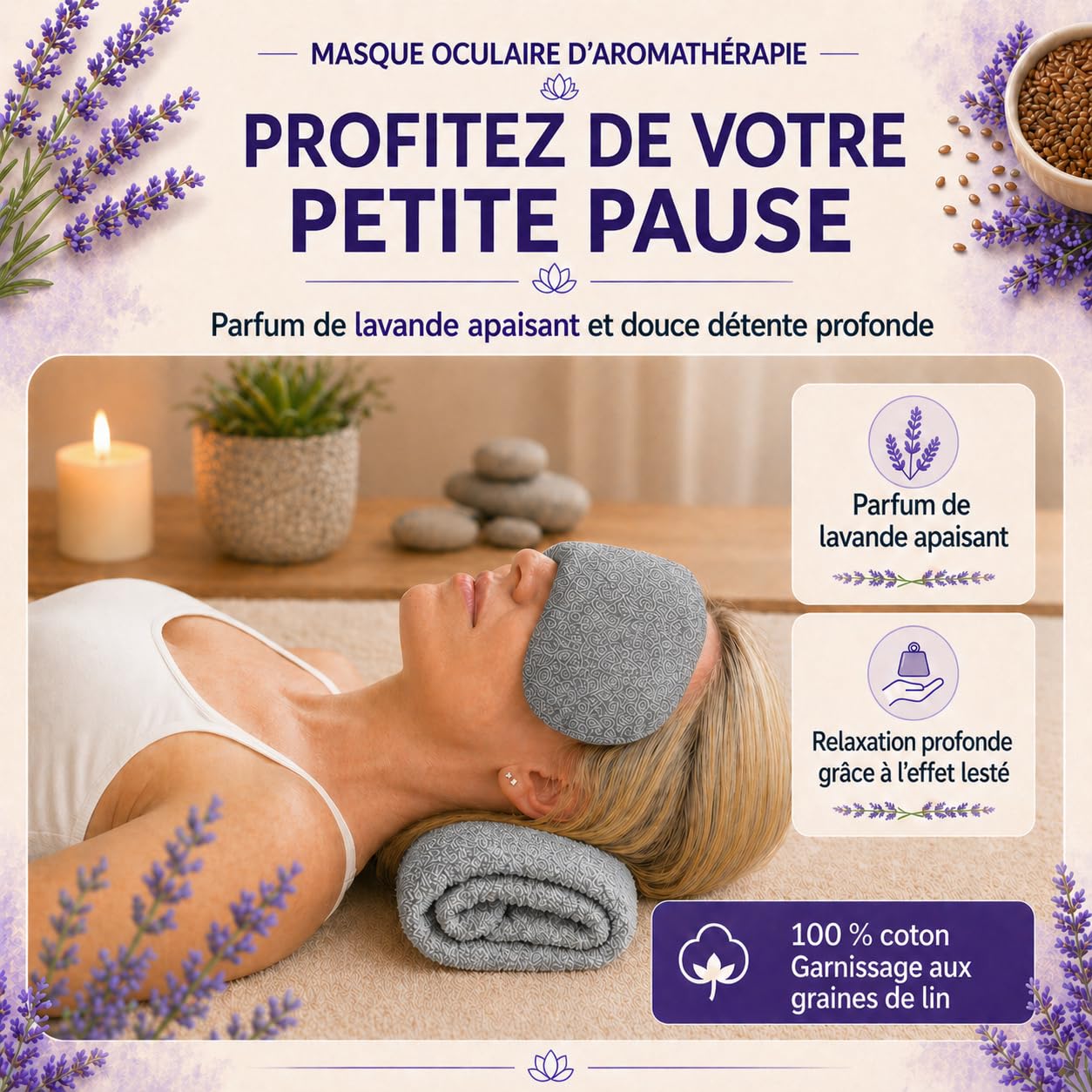 Yosana Coussin pour Les Yeux avec garnissage en graines de Lin et Lavande - Masque pour Les Yeux pour la détente Pendant Le Yoga et méditation - Coussin aromatique