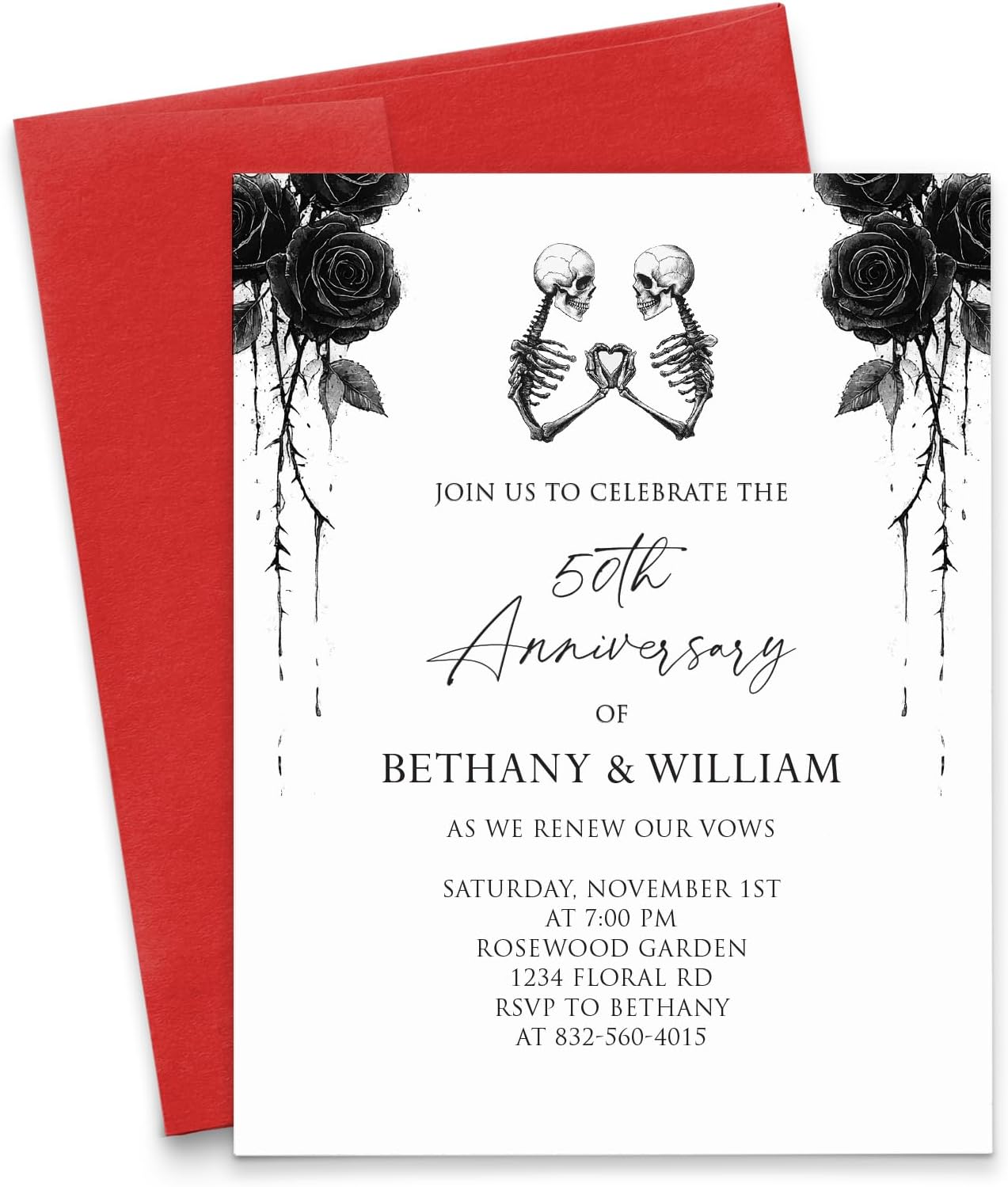Gothic Vow Renewal Invitation Cards And Envelopes, Personalized 25th, 50th, 60th Wedding Anniversary Invitations With Roses, Goth Anniversary Invites, Your Choice of Year, Quantity, & Envelope Color