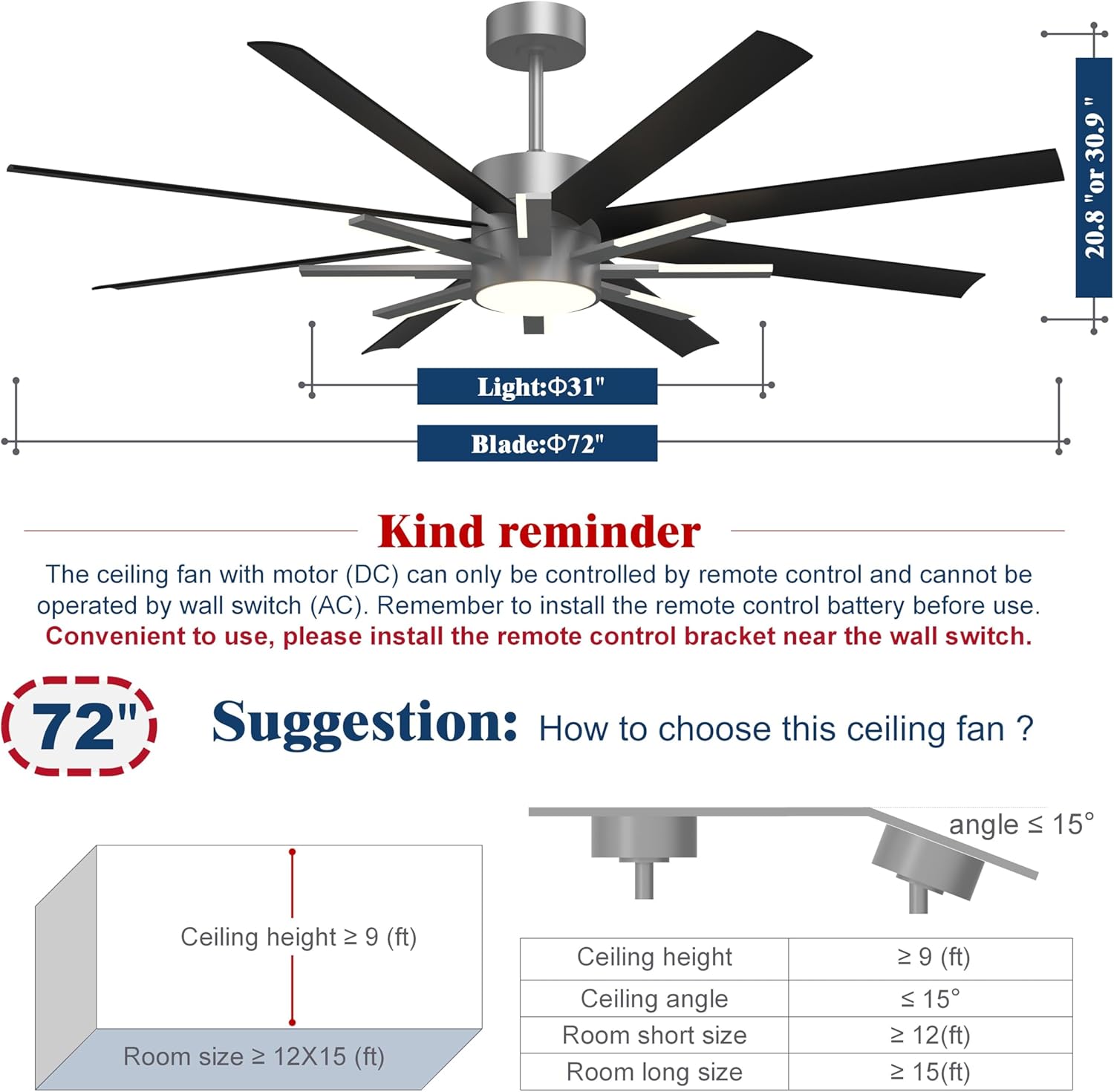 72 inch Black Ceiling Fans with Lights and Remote, Modern Large Ceiling Fan for Living Room Bedroom Patio，6 Speed Reversible，8 Blades and 9 Lights，3 CCT，Black Gray