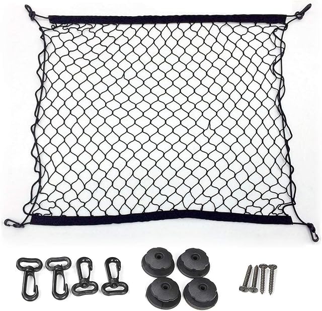 Techson Cargo Net with Hooks, Stretchable Elastic Nylon Storage Net, Heavy Duty Universal Rear Mesh Organizer for Truck Bed or Trunk (27.5 x 27.5 inches)