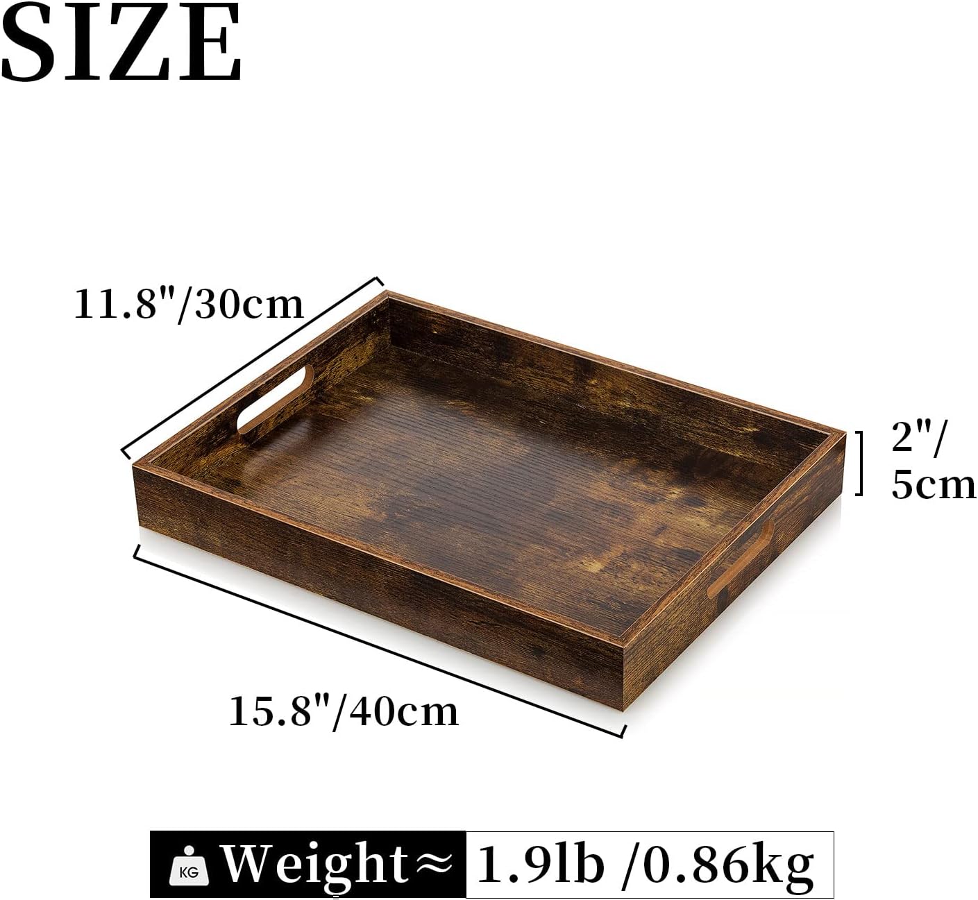 Hanobe Brown Decorative Serving Trays: Rustic Brown Rectangle Tray Decor with Cutout Handles for Coffee Table Ottoman Living Room Kitchen Home Decor, Large
