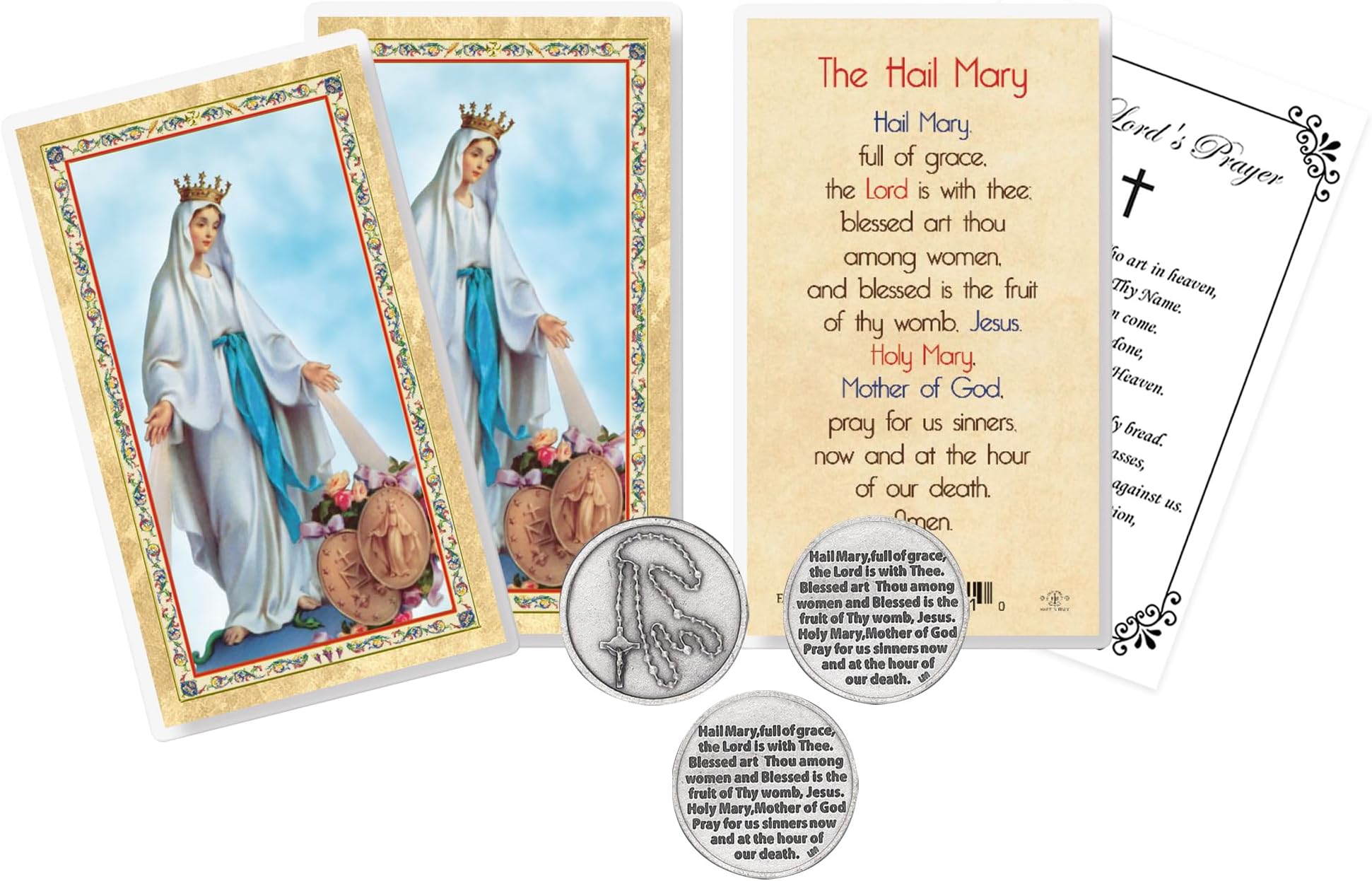 Trendzeen Hail Mary Prayer Card - Italian Blessed Mother Mary Pocket Token, The Lord's Prayer - Laminated Mother Mary Prayer Card for Daily Prayers - Hail Mary Holy Card, Catholic Coins Set - 7 Items