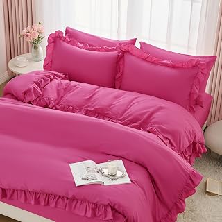 Horbaunal Queen Duvet Cover 5-Pcs Pink Ruffle Set