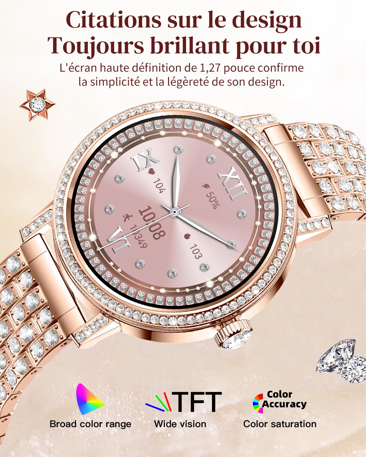 Montre Connectée Femme avec Diamant, Bluetooth/Sommeil/Fréquence Cardiaque