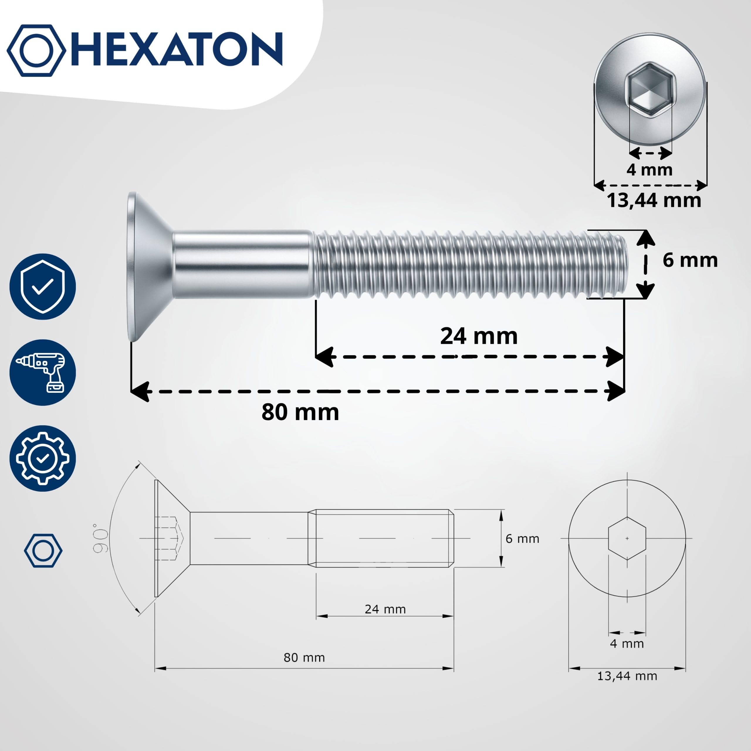 HEXATON Viti DIN 7991 M6 x 80 mm, Testa Svasata, Acciaio Zincato, 50 pz