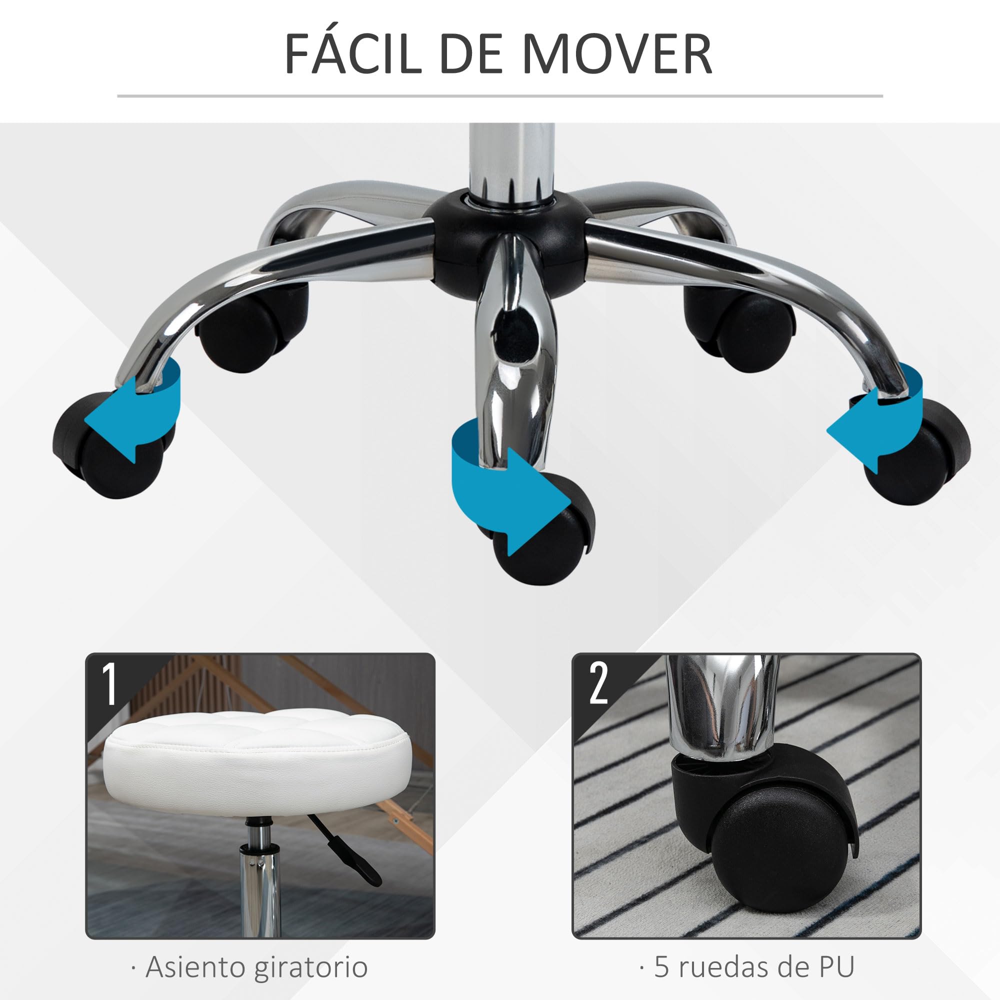 HOMCOM Taburete Giratorio con Ruedas Regulable en Altura de 48-63 cm Taburete de Trabajo Tapizado en Cuero PU para Peluquería Cosmética Dentista Diámetro Ø35,5 cm Blanco