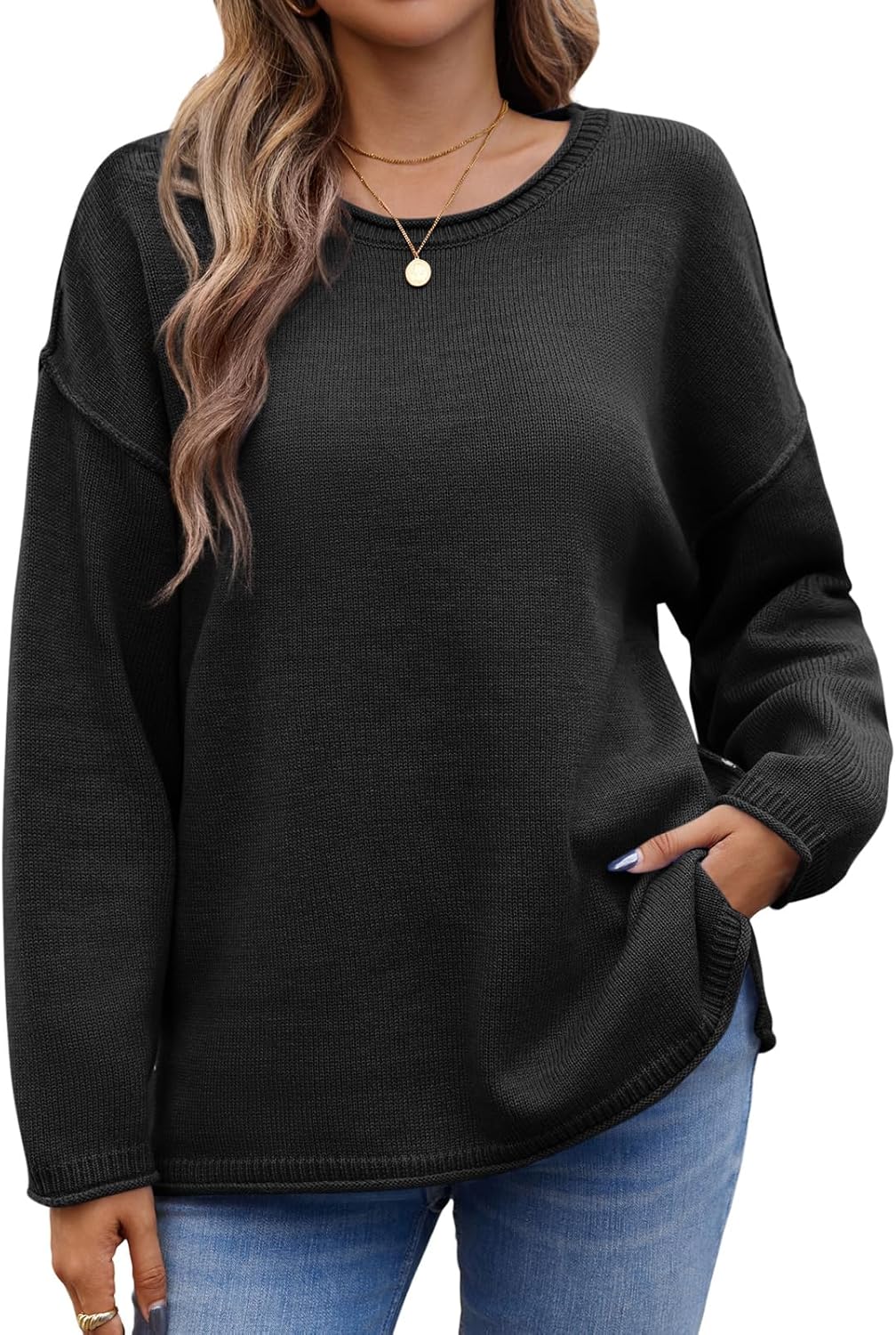 Saodimallsu Womens Oversized Crew Neck Sweaters Long Sleeve Slouchy Knit Fall Casual Loose Side Split Pullover Tops - Image 2