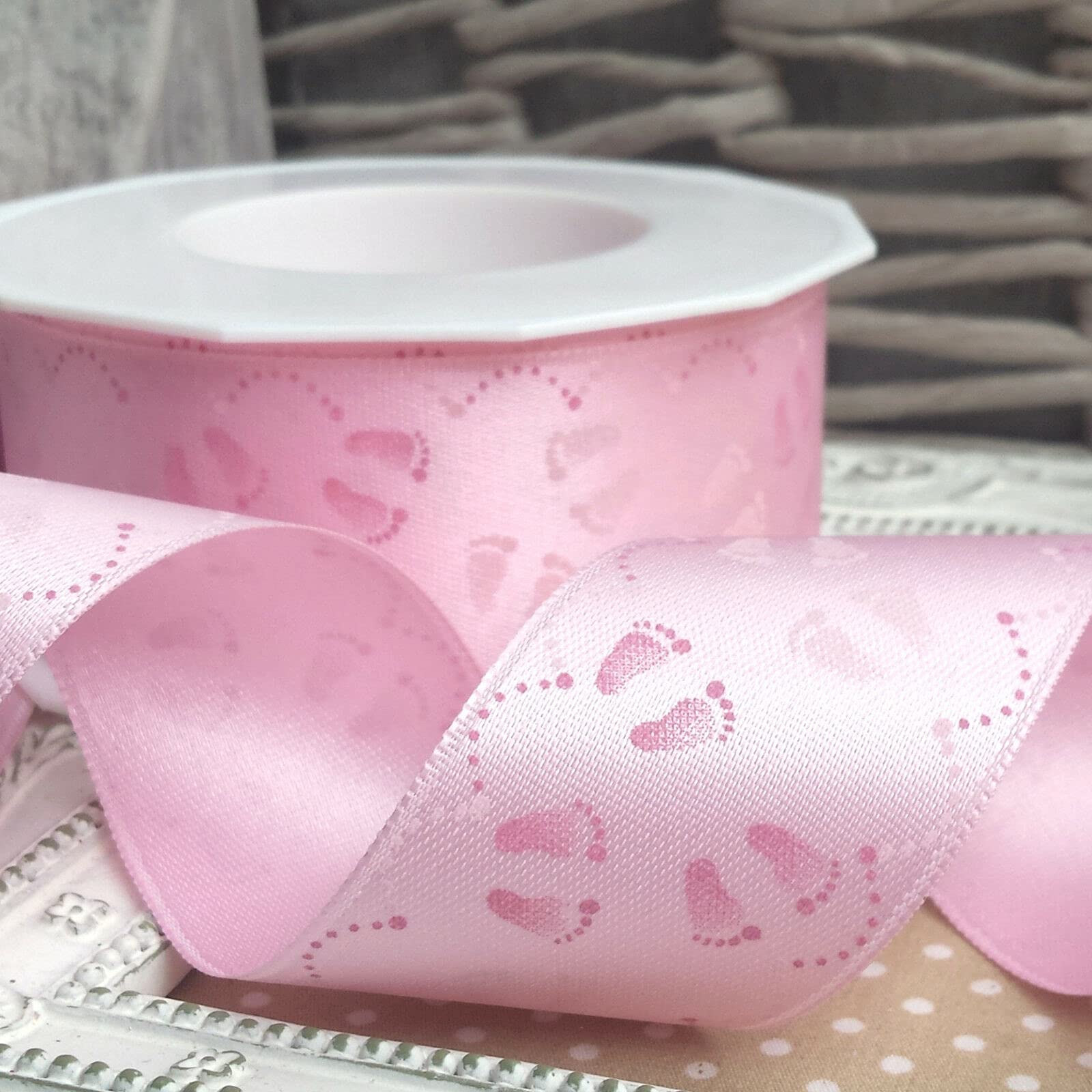 EliteKoopers 1 Meter Pink Baby Feet Satin Ribbon For Cake Decor, Baby Shower, Christening etc.