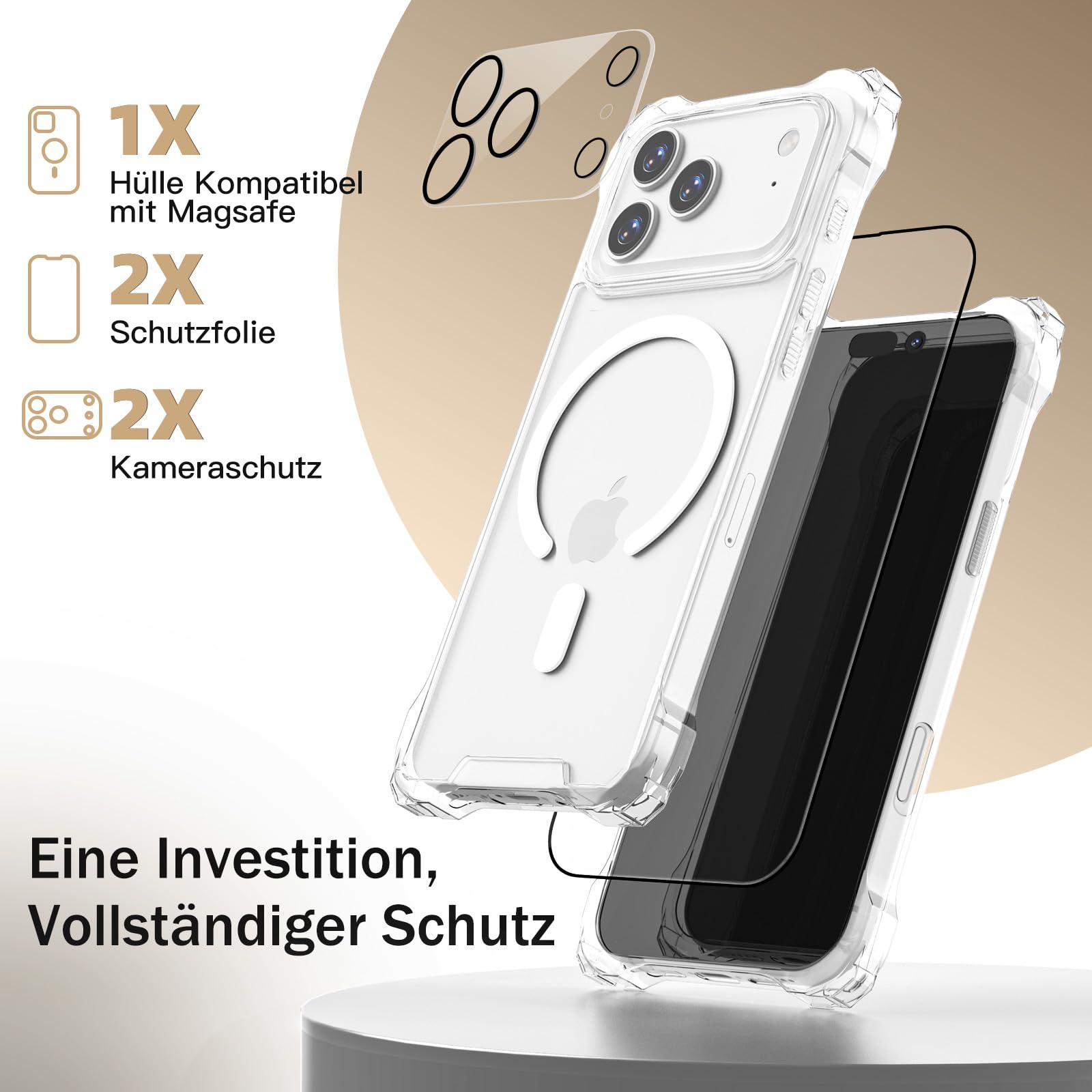 Handyband Abnehmbar für iPhone 17 Pro Max Hülle mit Band, Beige Langes Band zum Umhängen & Kurzkordel Handgelenk, Transparent Handyhülle Kompatibel mit Magsafe + Schutzfolie + Kameraschutz