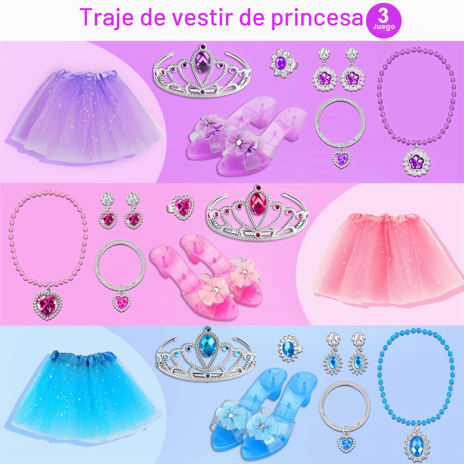 Princesa Zapatos Juguetes para Niñas,Zapatos Princesa Niñas, Princesa Juguetes Niña con 3 Pares de Zapatos, 3 Tutu Niña, Corona, Collar, Regalos Niñas para Navidad Cumpleaños para 3 4 5 6 Años-X