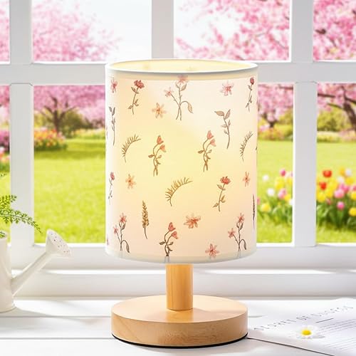 Miniatura 2 de VIHOSE Lámpara de mesita de noche floral bohemia con pantalla de tela de lino, base de madera maciza, decoración para niños, sala de estar,