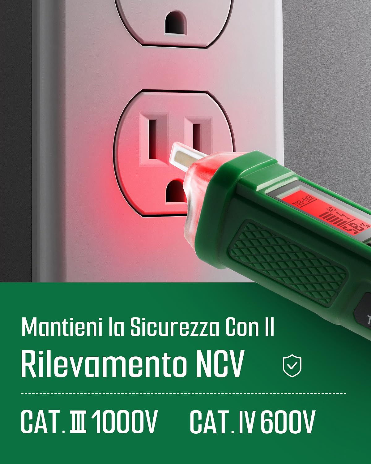 Penna Rilevatore di Tensione, Cercafase, TESMEN TN-213 Tester di Tensione senza Contatto, Elettrico, AC 12V-/70V-1000V, Dual-Range, Display LCD in Percentuale, torcia, Allarme Cicalino - Verde