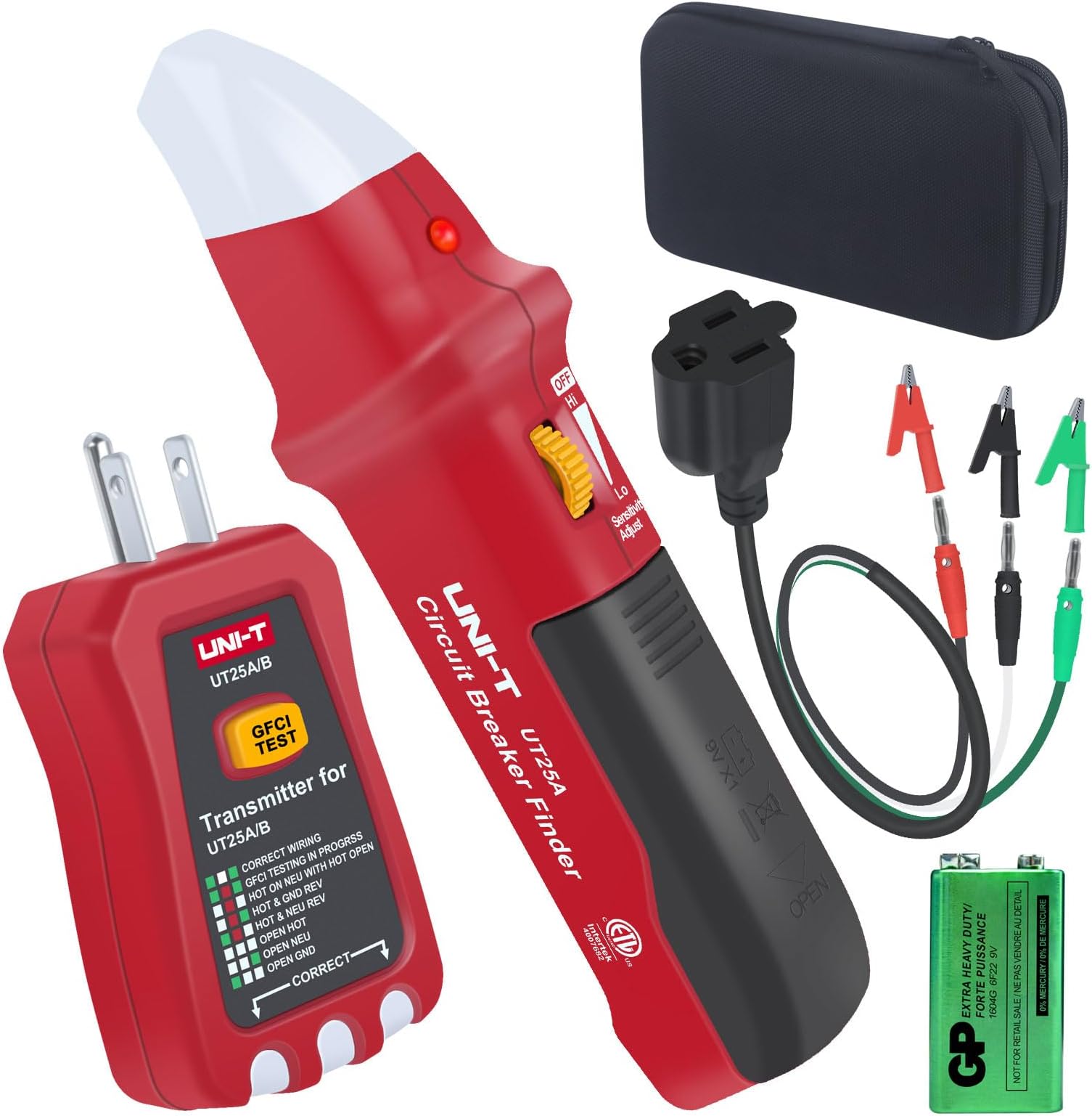 AC Circuit Breaker Tracer Finder Tool with Adaptor & Electrical Integrated GFCI Outlet Tester, 90-120V Adjustable Sensitivity Beep Indicattion Alligator Banana Clip Adaptor