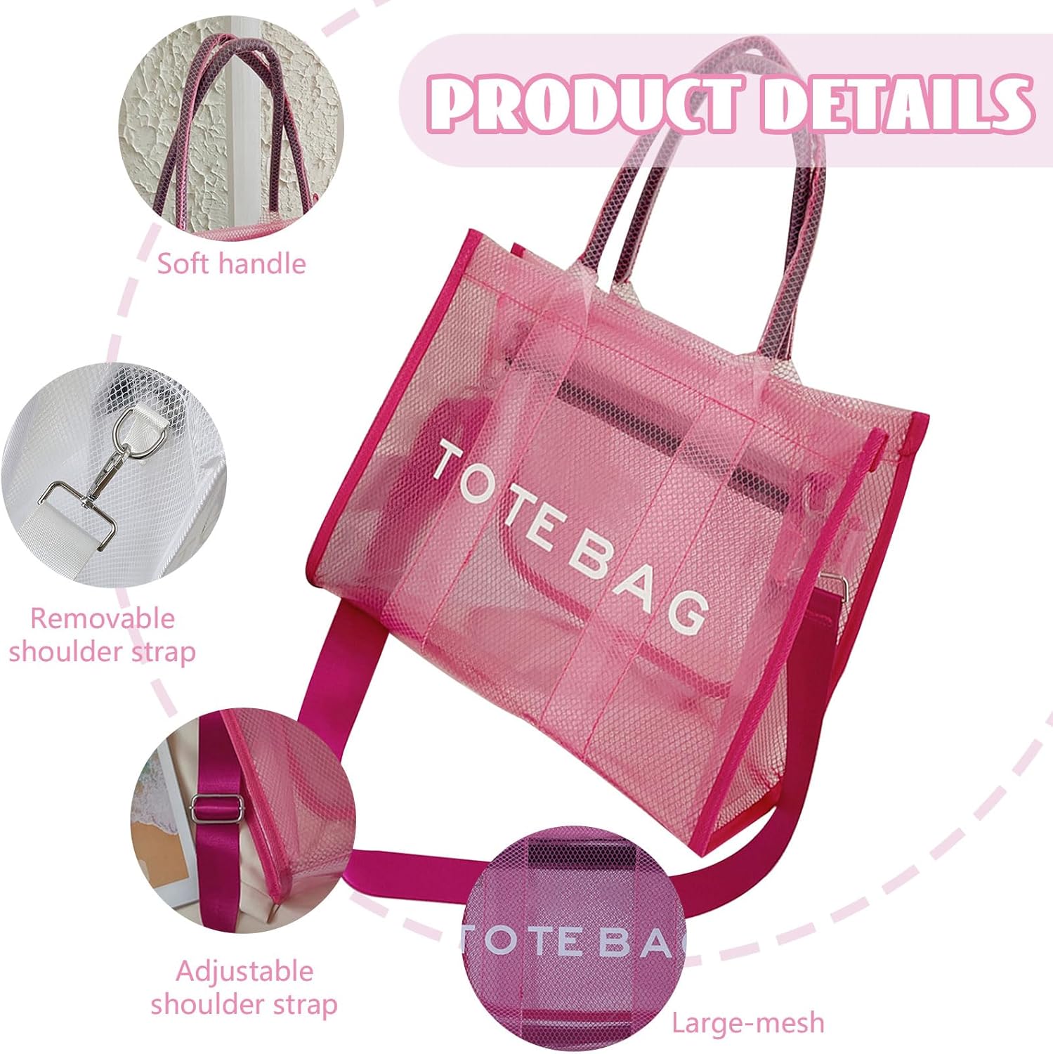 WREWING Clear Tote Bag for Women, Large Mesh Beach Bag, PVC Clear Crossbody Bags with Zipper, Stadium Bag for Travel Sports