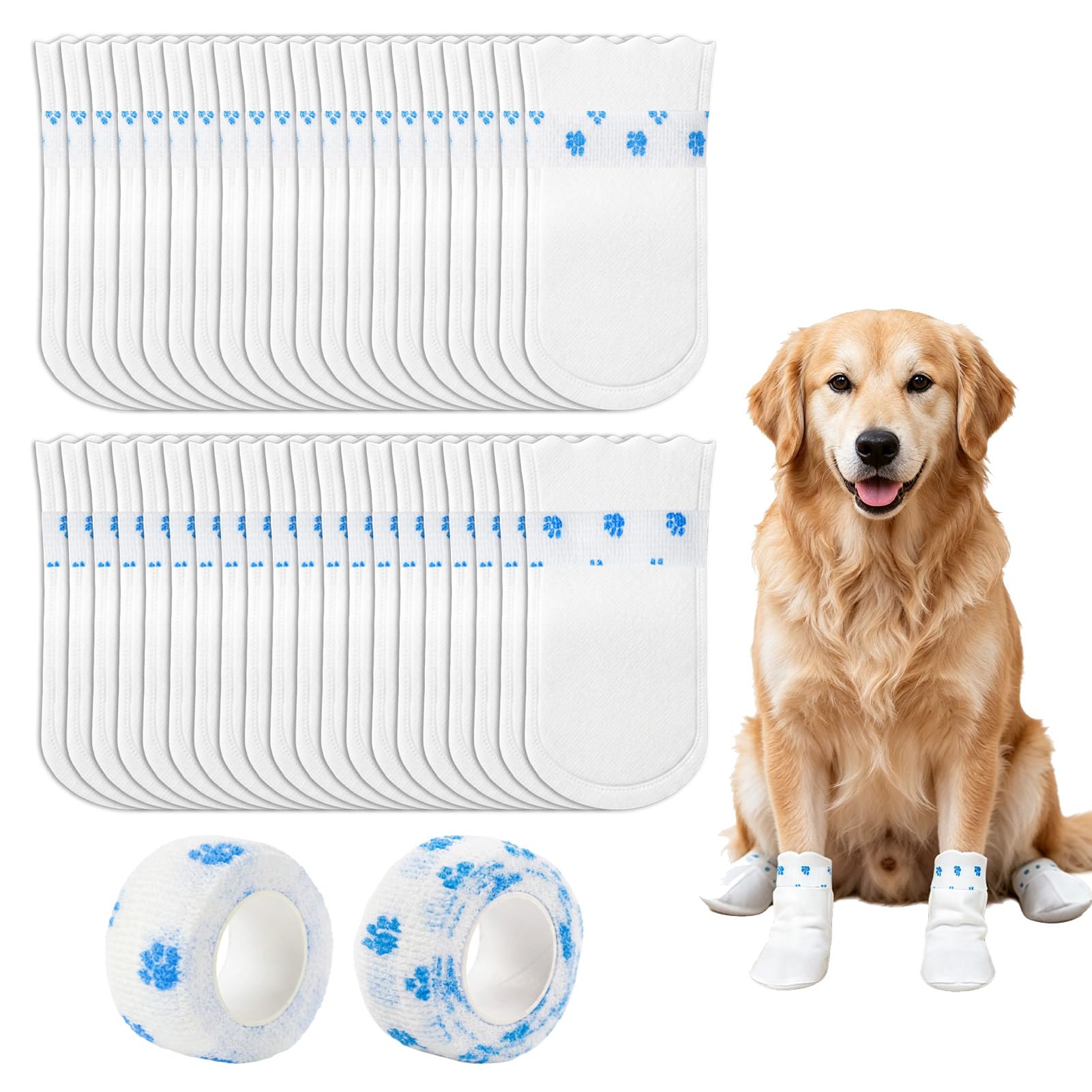 40PCS Disposable Dog Socks, Dog Paw Protectors with 2 Rolls Adjustable Bandage, Dog Boots for Injured Paws Waterproof, Dog Socks Paws Stop Licking for Indoor Outdoor Use(16-38 lb)