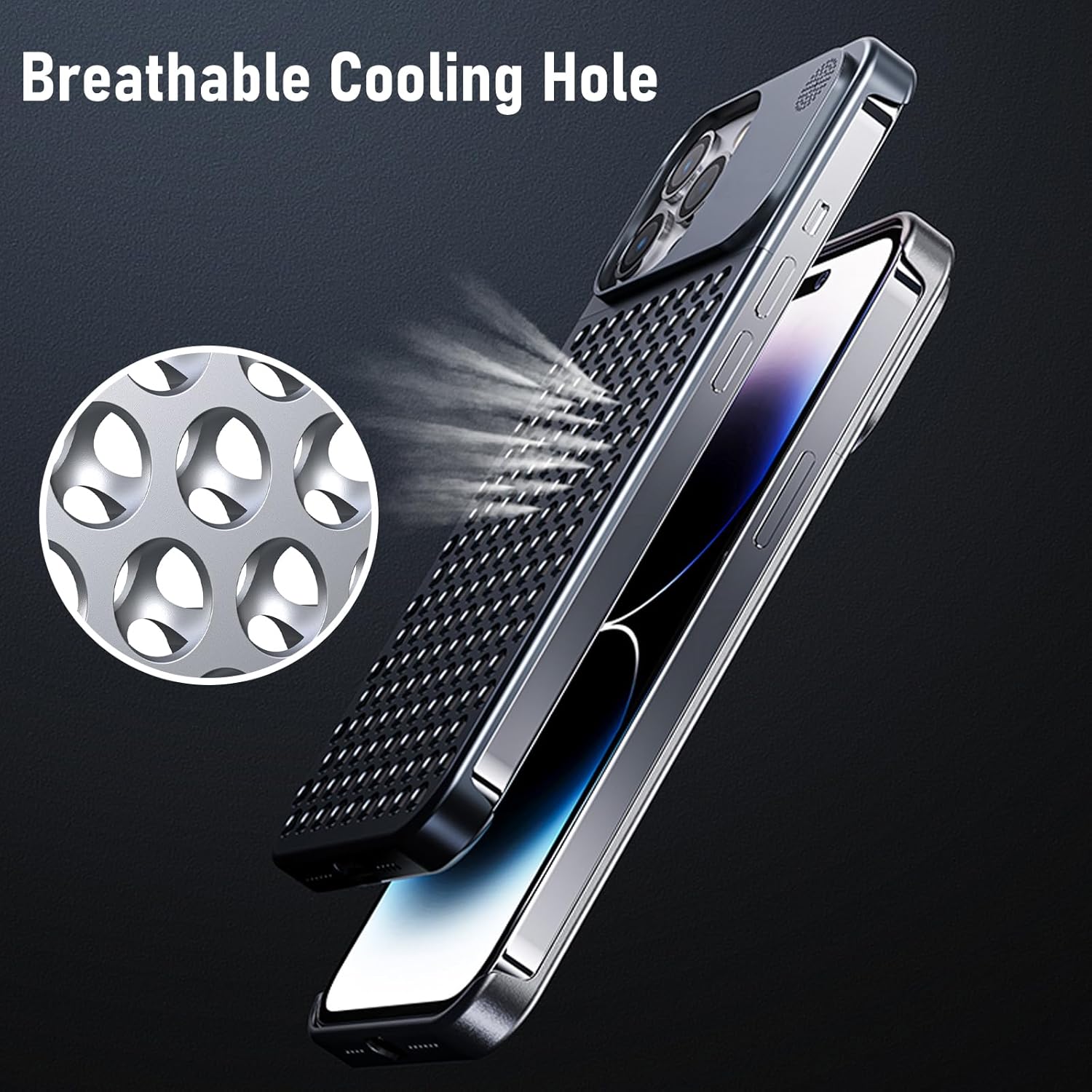 Compatible with iPhone 15 Pro Max Aluminum Alloy Heat Dissipation Phone Case Breathable Cooling Hollow Borderless Aromatherapy Case for Men Women Slim Shockproof Phone Cover, Titanium Silver